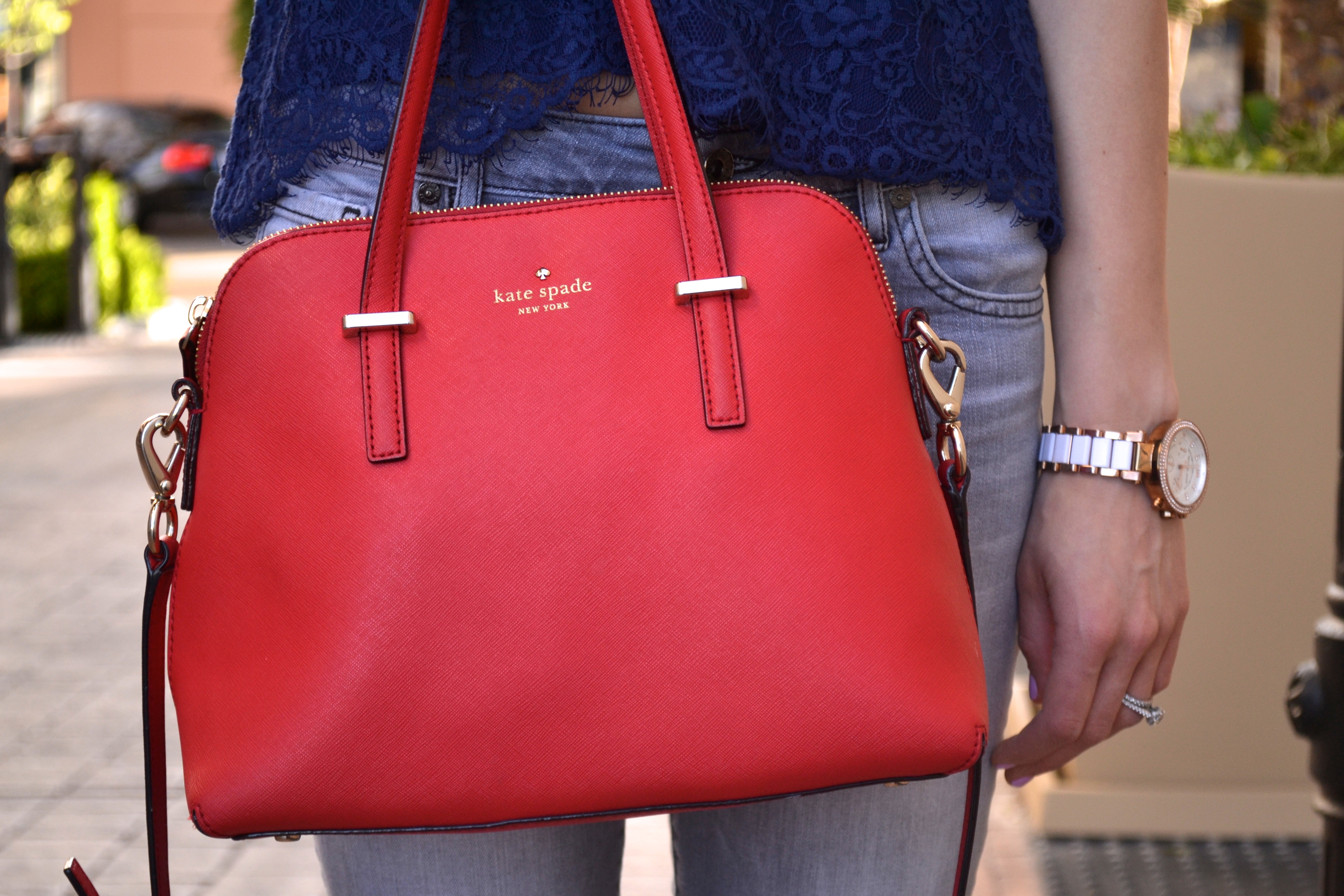 Blue Lace Top and Red Kate Spade Bag