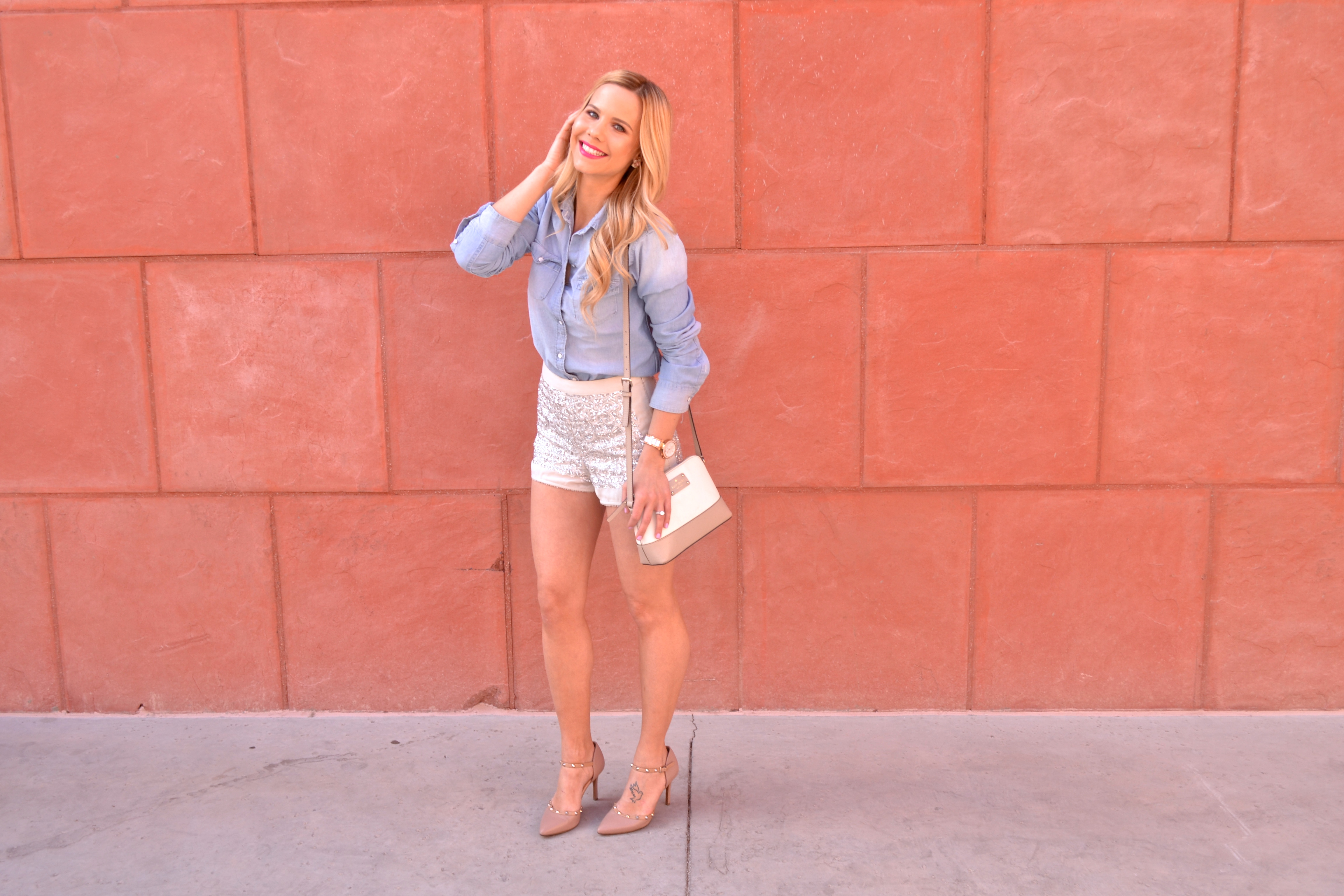 Sequins Shorts and Denim Shirt