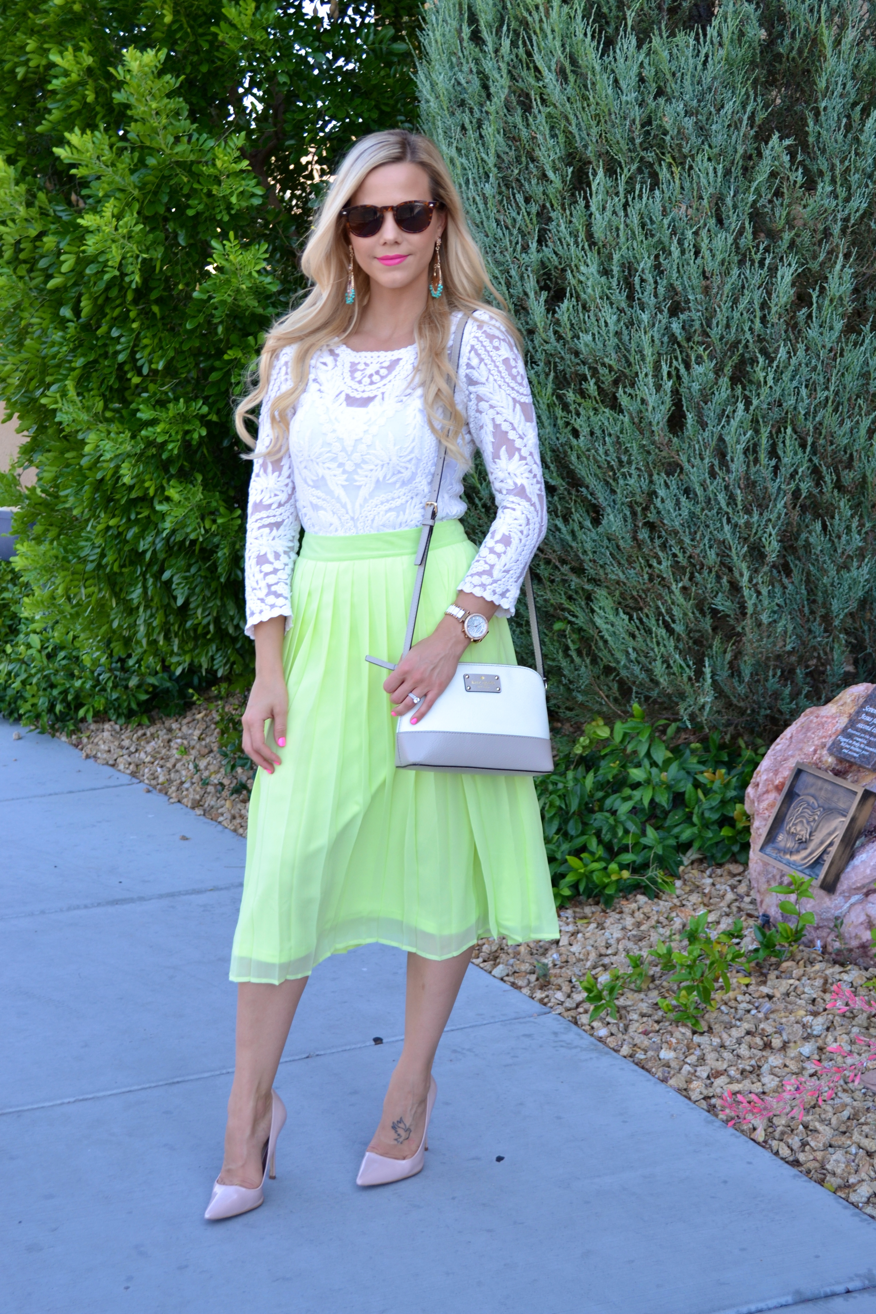 Neon Green Pleated Skirt with Cream Lace Shirt