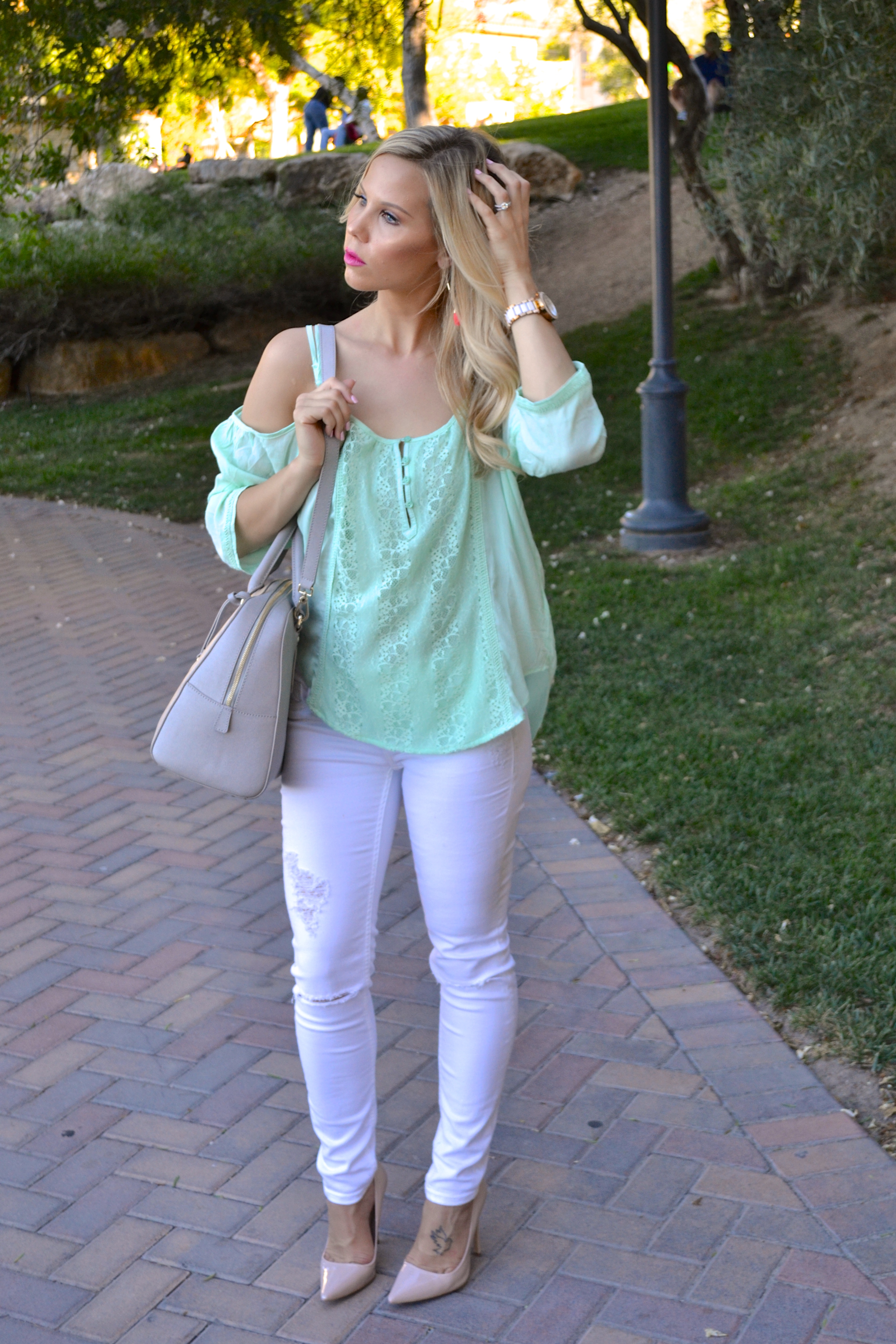 Fashion Blogger GLAMLIFELIVING in Mint Green Off the Shoulder Top and White Jeans