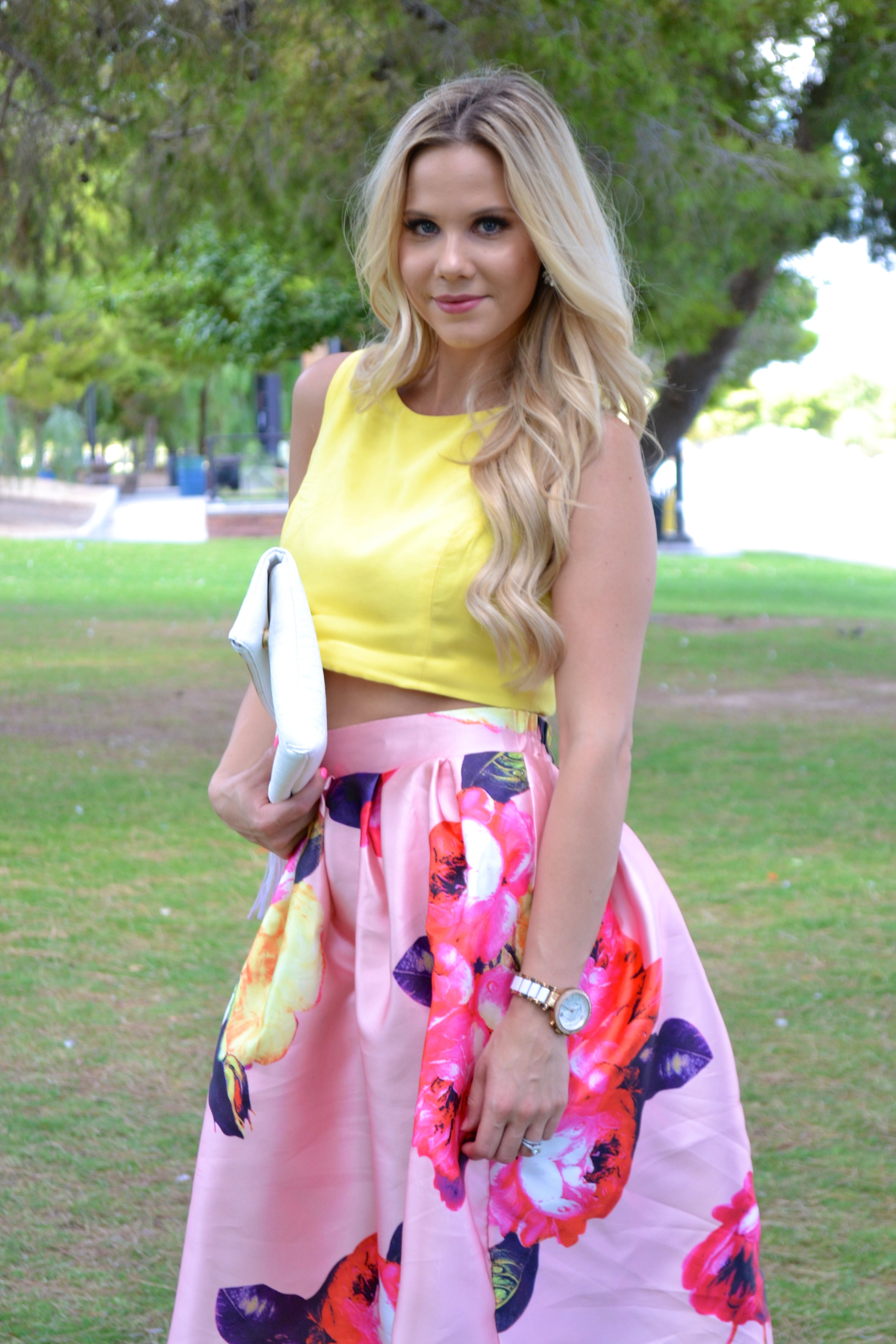 Floral Pleated Midi Skirt with Yellow Crop Top