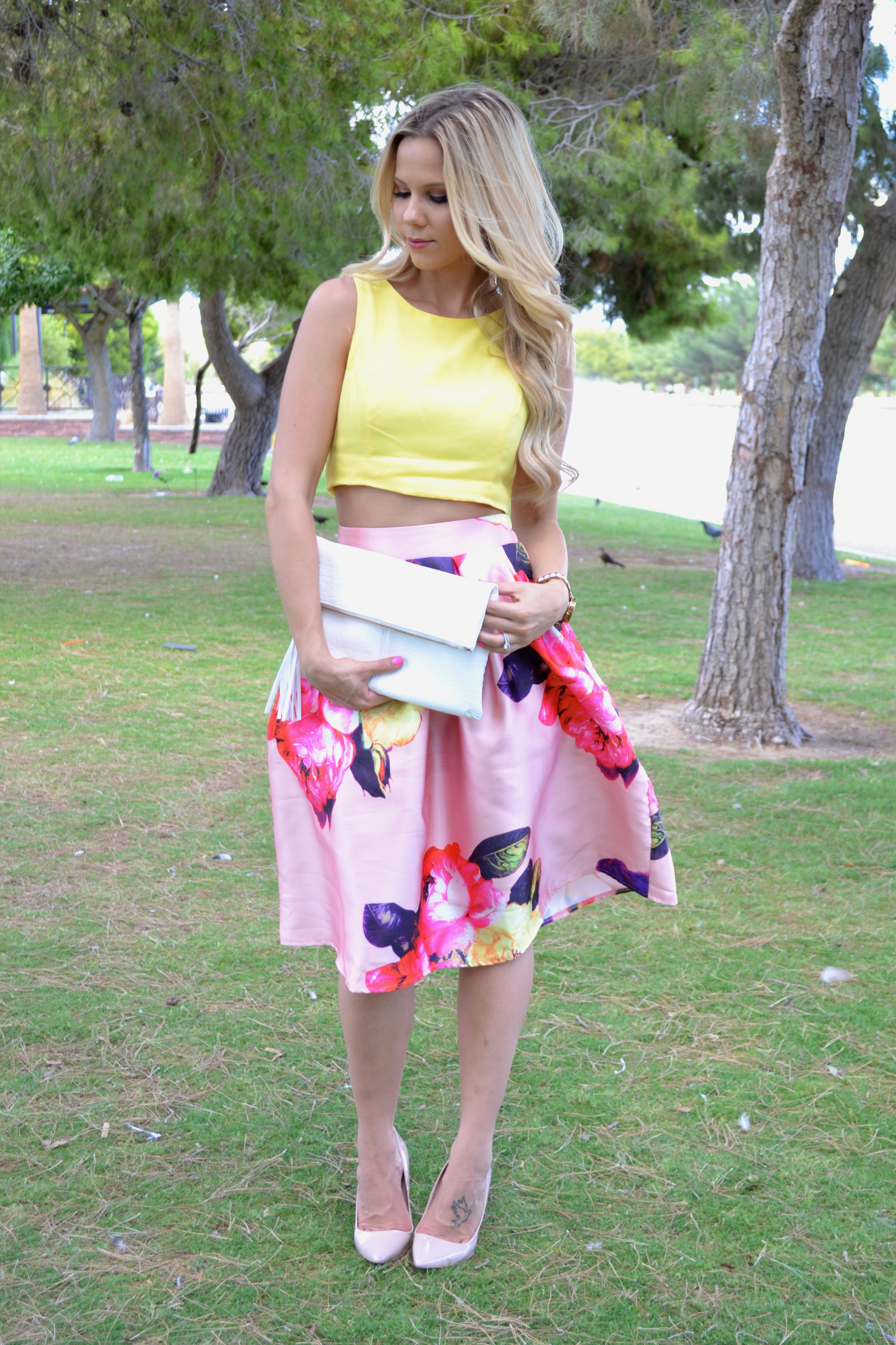 Floral Pleated Midi Skirt and Yellow Crop Top |Las Vegas Fashion Blogger glamlifeliving.com|