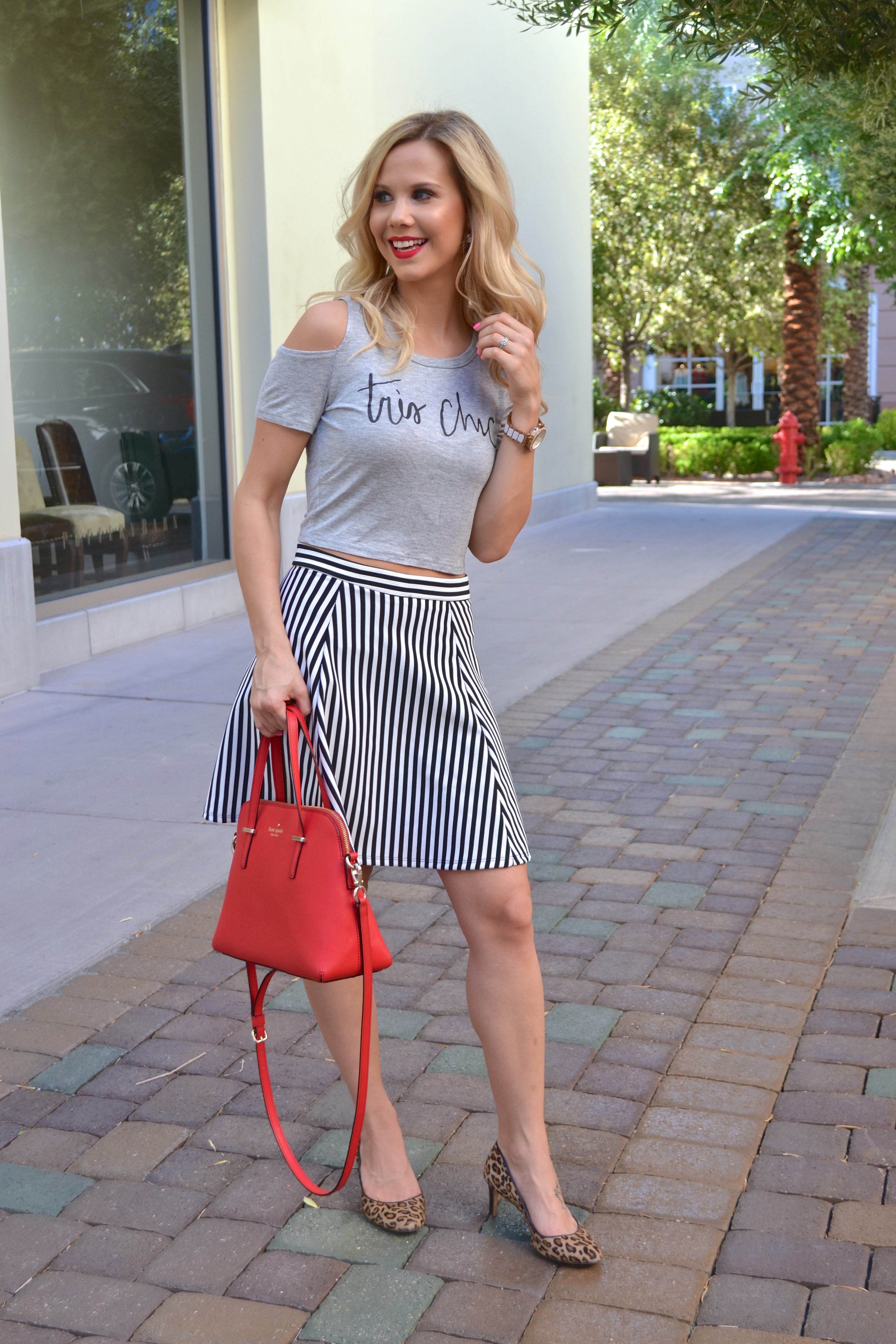Striped Skirt and Cheetah Print Heels with Red Kate Spade Purse |glamlifeliving.com|