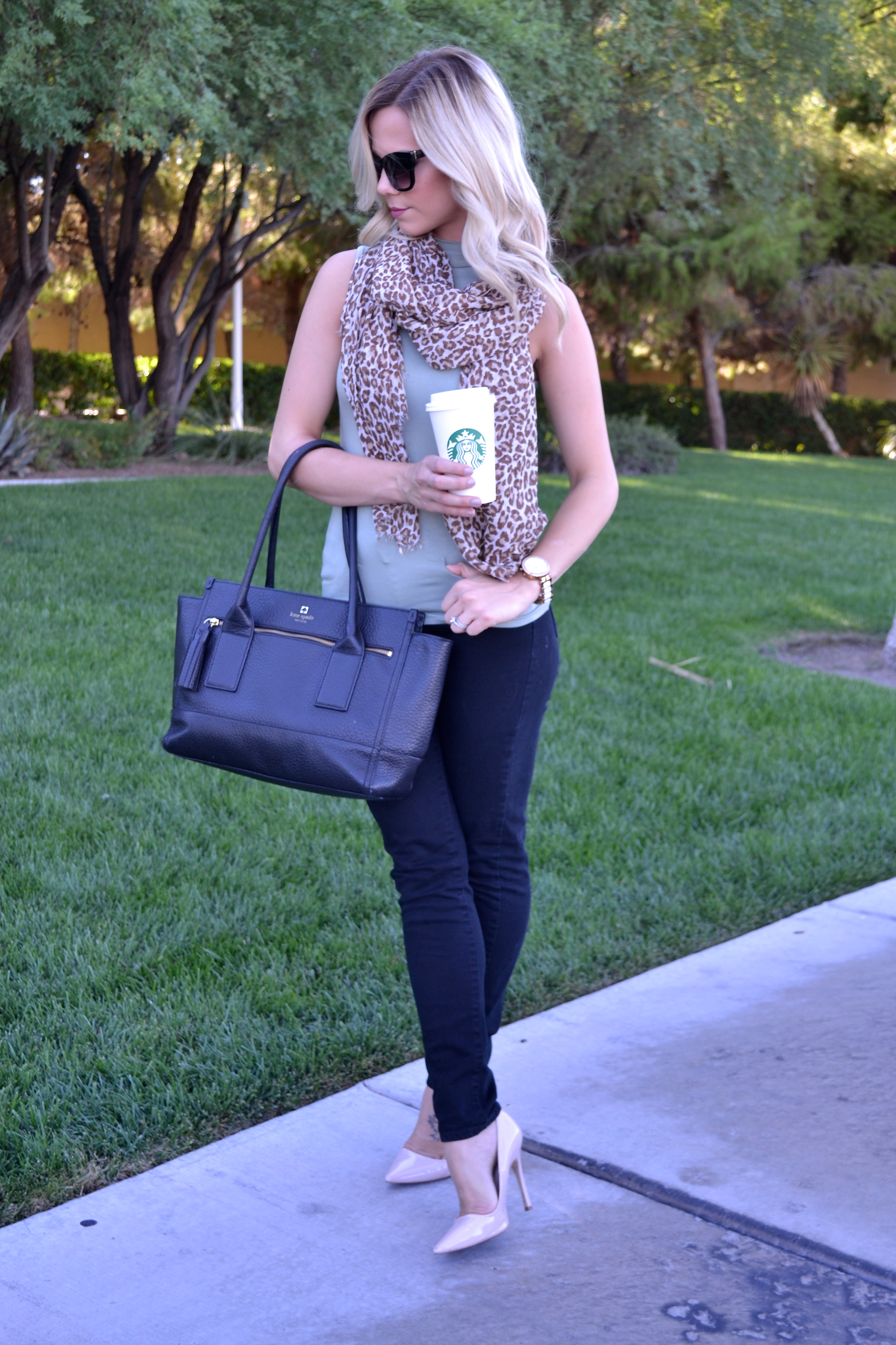 Cheetah Print Scarf and Olive top with Black Jeans and black Kate Spade Bag on glamlifeliving.com