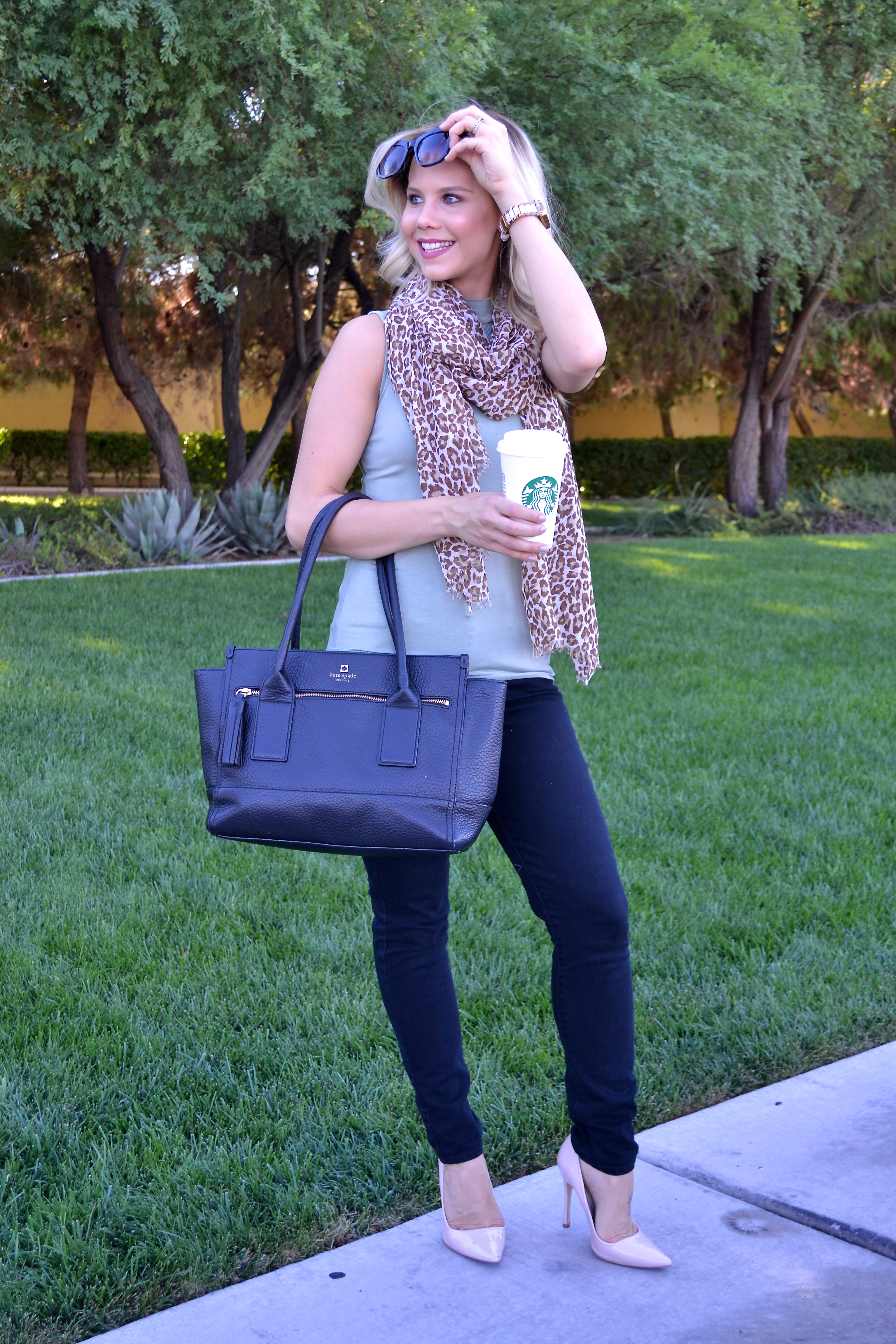 Olive Top, Black Jeans, Cheetah Print Scarf, Kate Spade Bag | A Goal Without an Action Plan is a Dream|