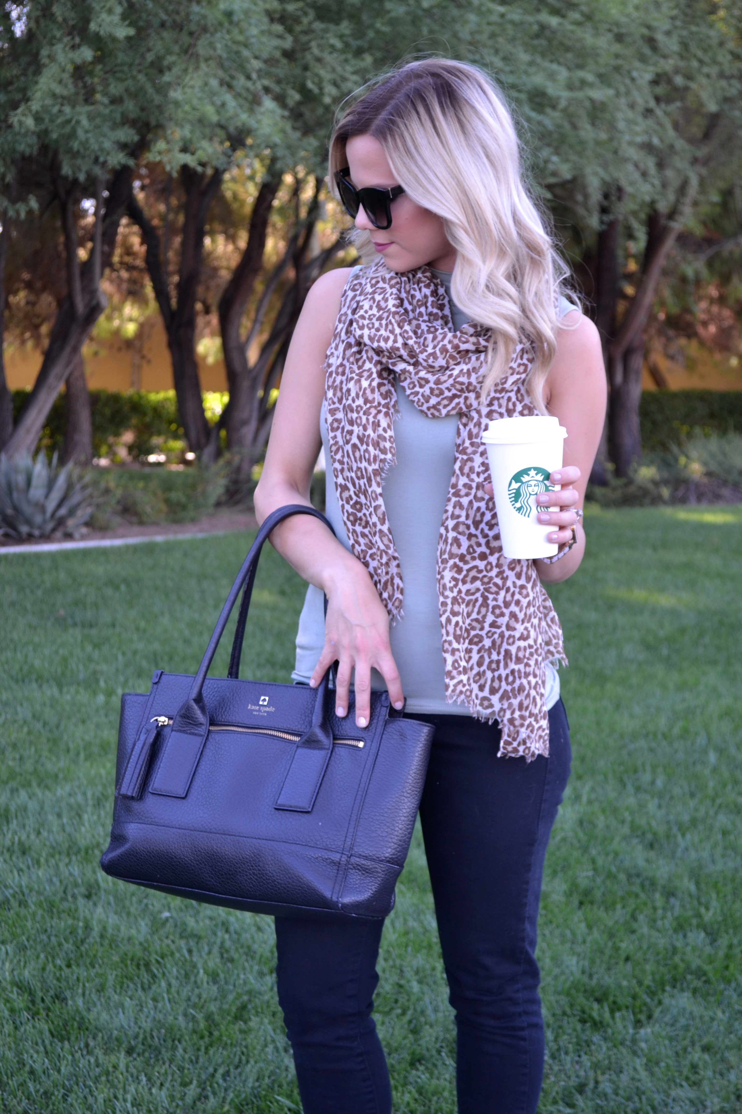 Cheetah Scarf and Black Kate Spade bag and Olive Top on glamlifeliving.com