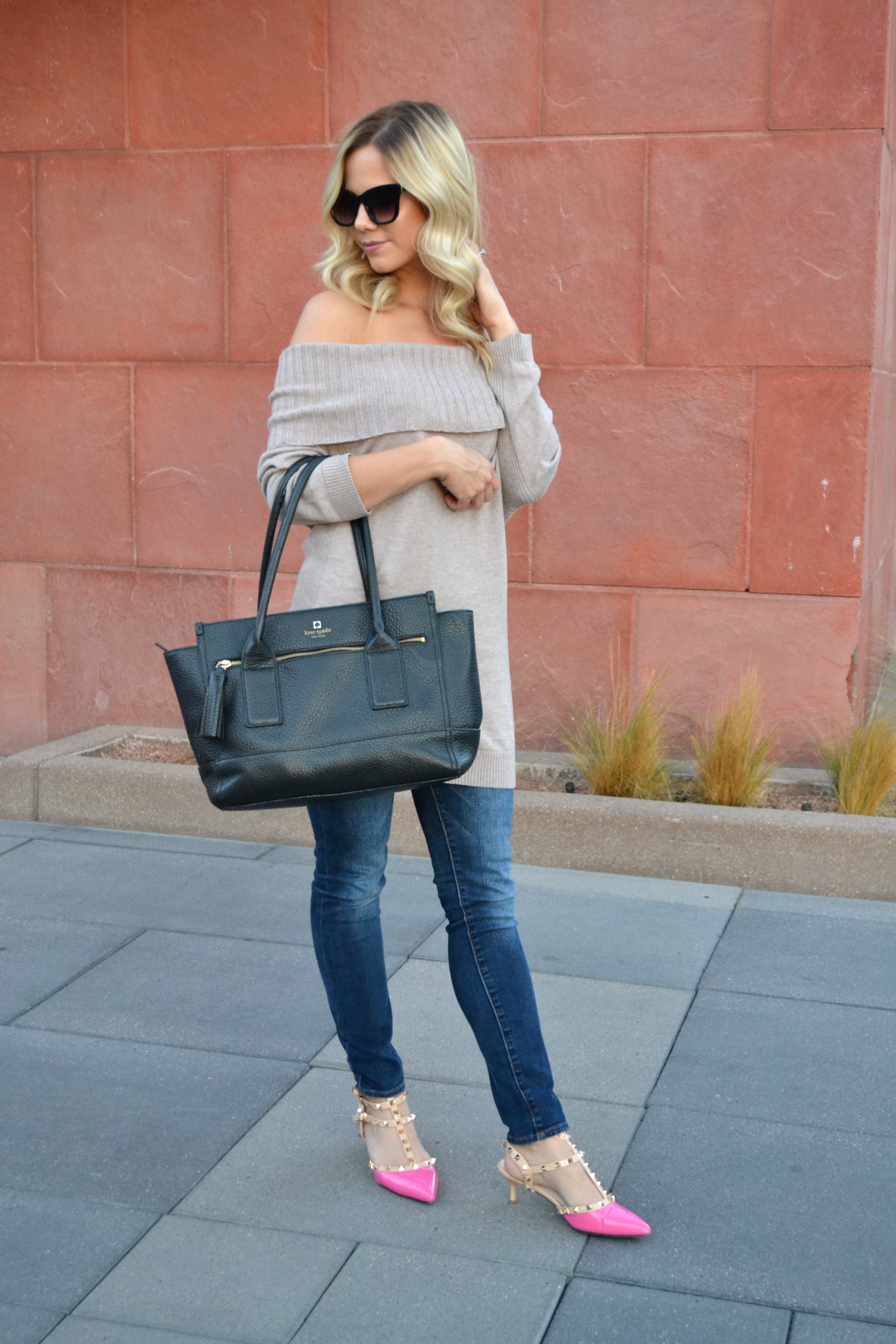 Fall Fashion Off the Shoulder Sweater in Tan with Black Kate Spade Tote