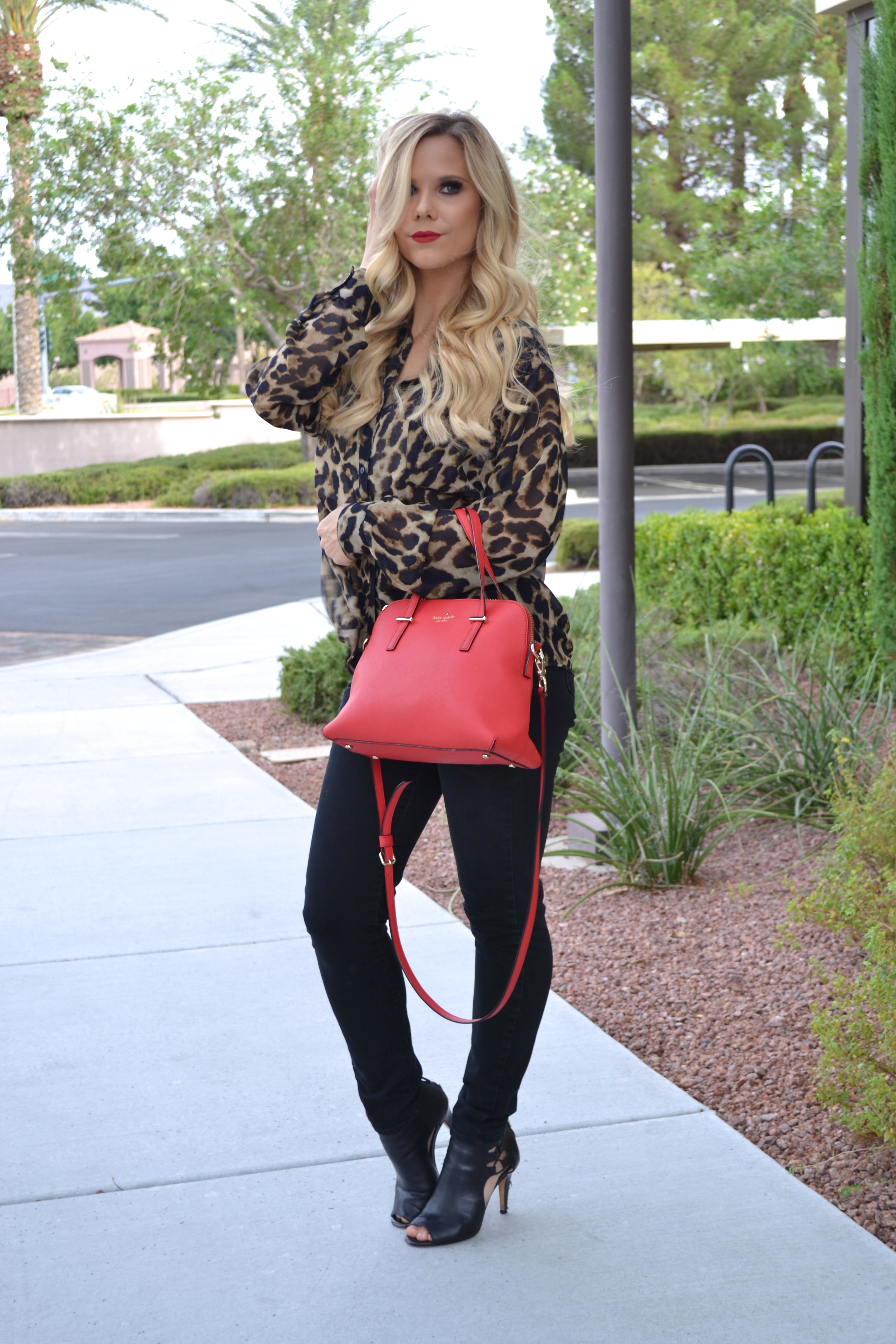 Fashion Blogger Glam Life Living in Cheetah Blouse and Kate Spade Bag