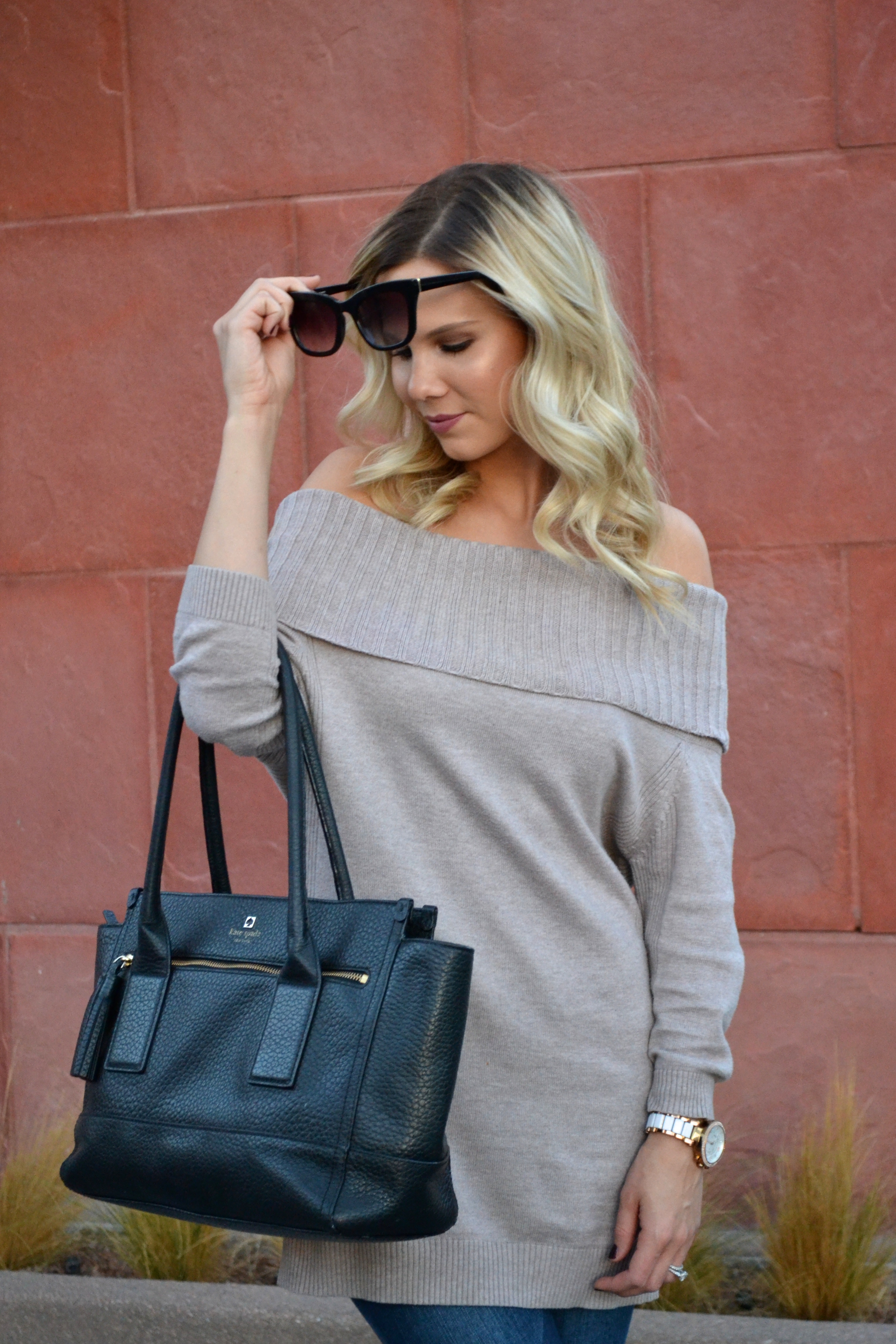 Black Cat Eye Sunglasses, Off the Shoulder Sweater and Jeans