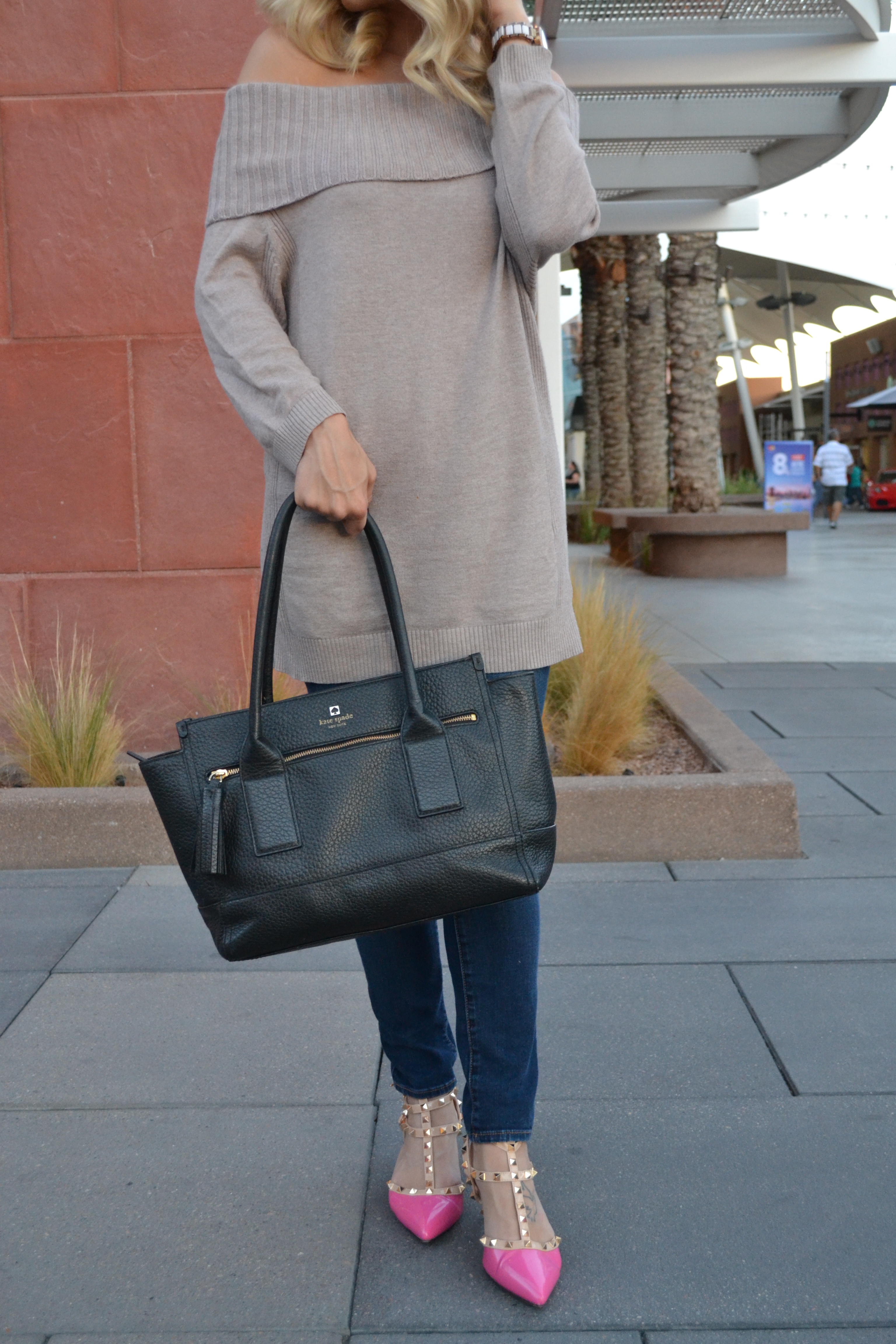 Tan Off the Shoulder Sweater and Black Kate Spade Tote on Glam Life Living 