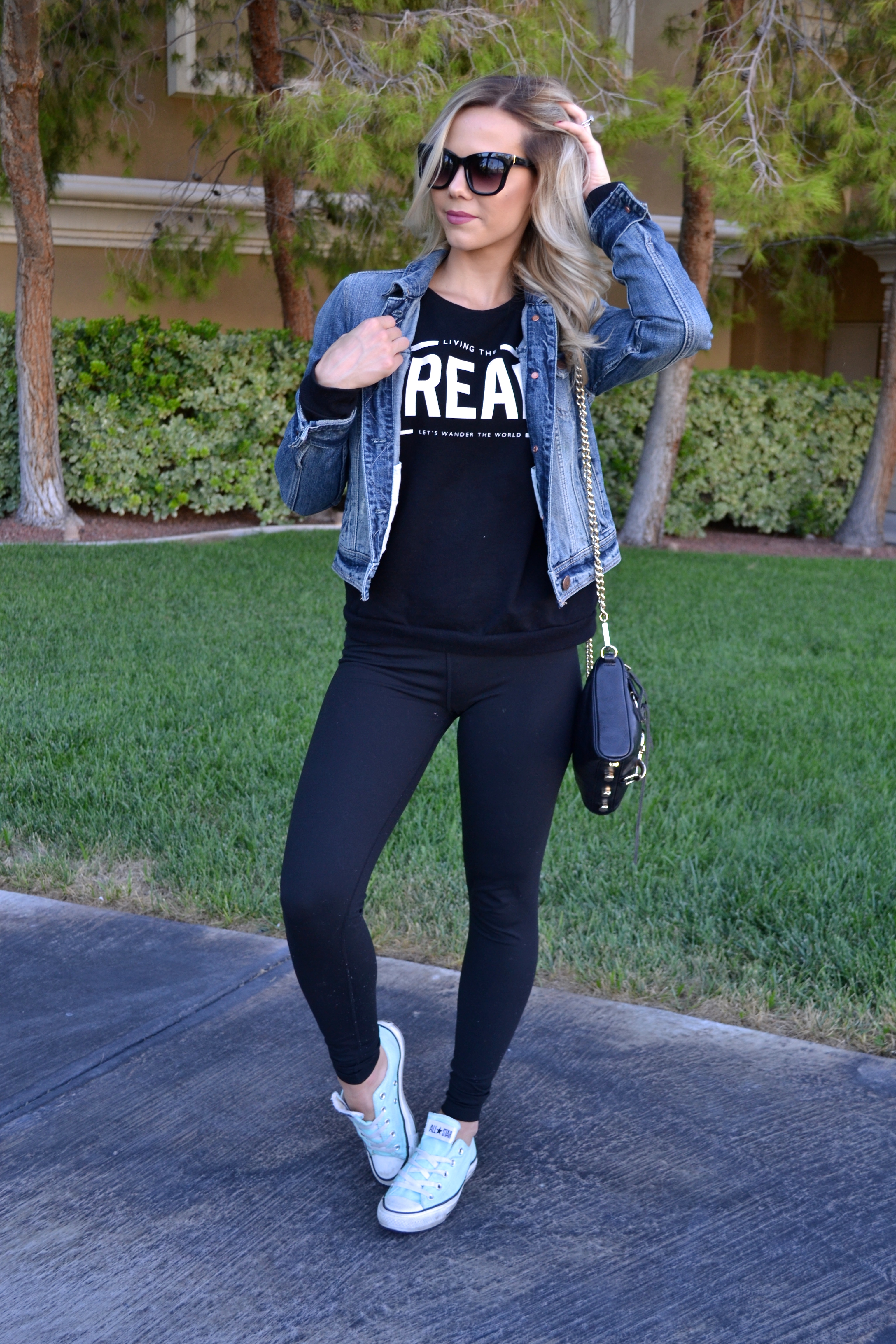 Living the Dream Sweat Shirt, Denim Jacket, Leggings, Converse, Rebecca Minkoff Crossbody |The Lazy Girl's Guide to Style| on glamlifeliving.com