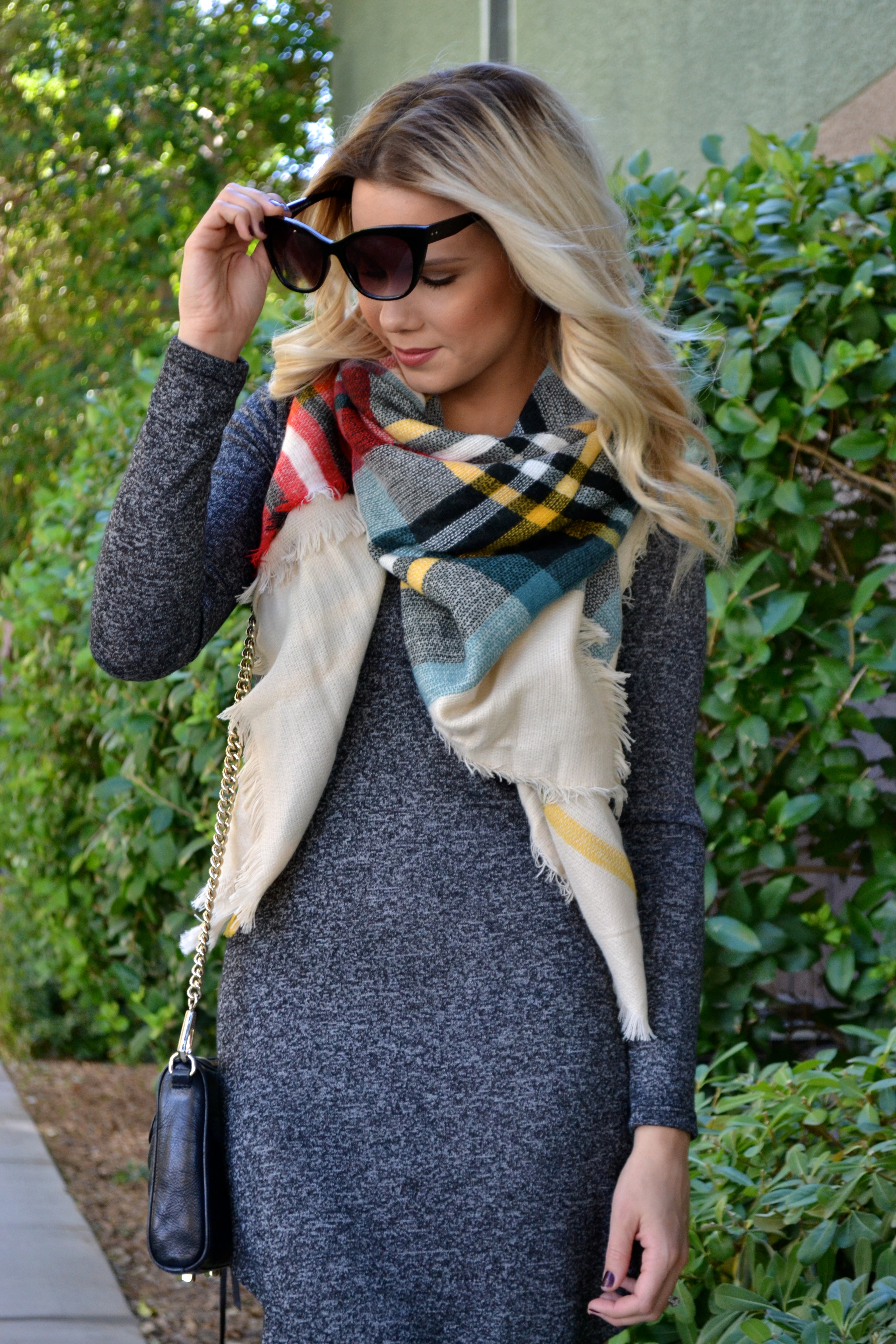 Cat Eye Sunglasses, Blanket Scarf, and Tight Black and Grey Long Sleeve Midi Dress and G by Guess Booties