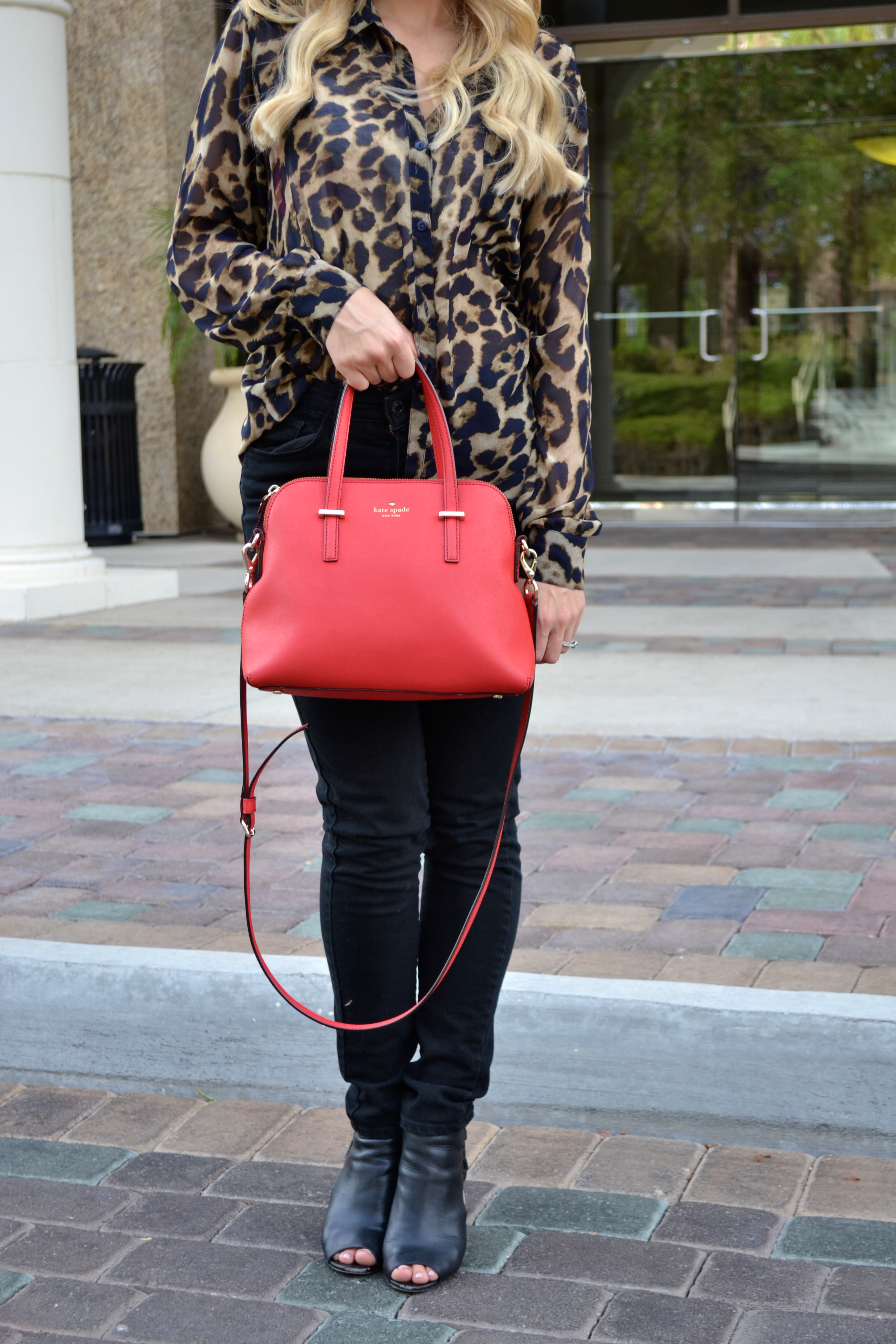 Cheetah Print Blouse Kate Spade Bag Black High Waisted Jeans on glamlifeliving.com
