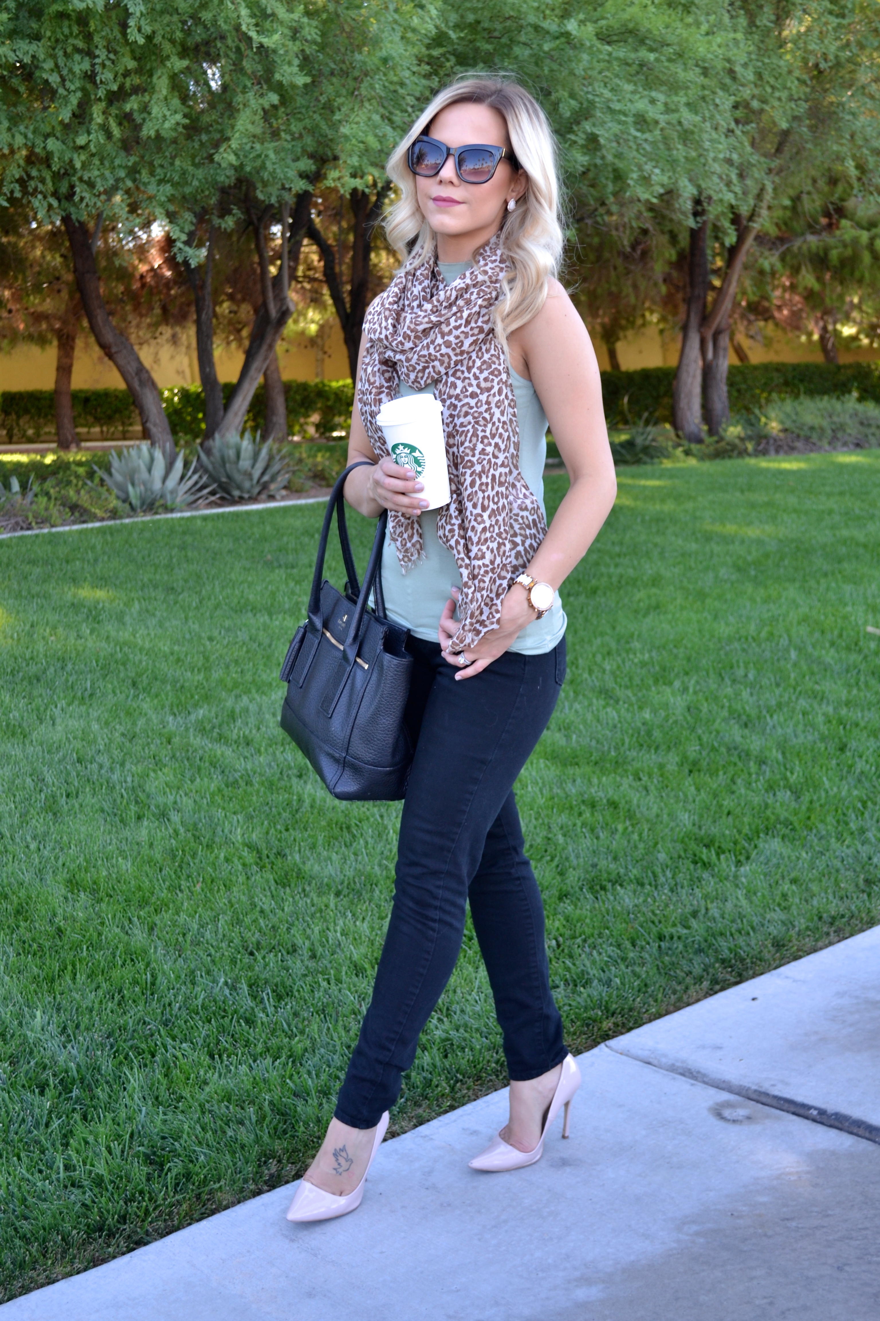 Cheetah Scarf and Black Jeans with Kate Spade Tote