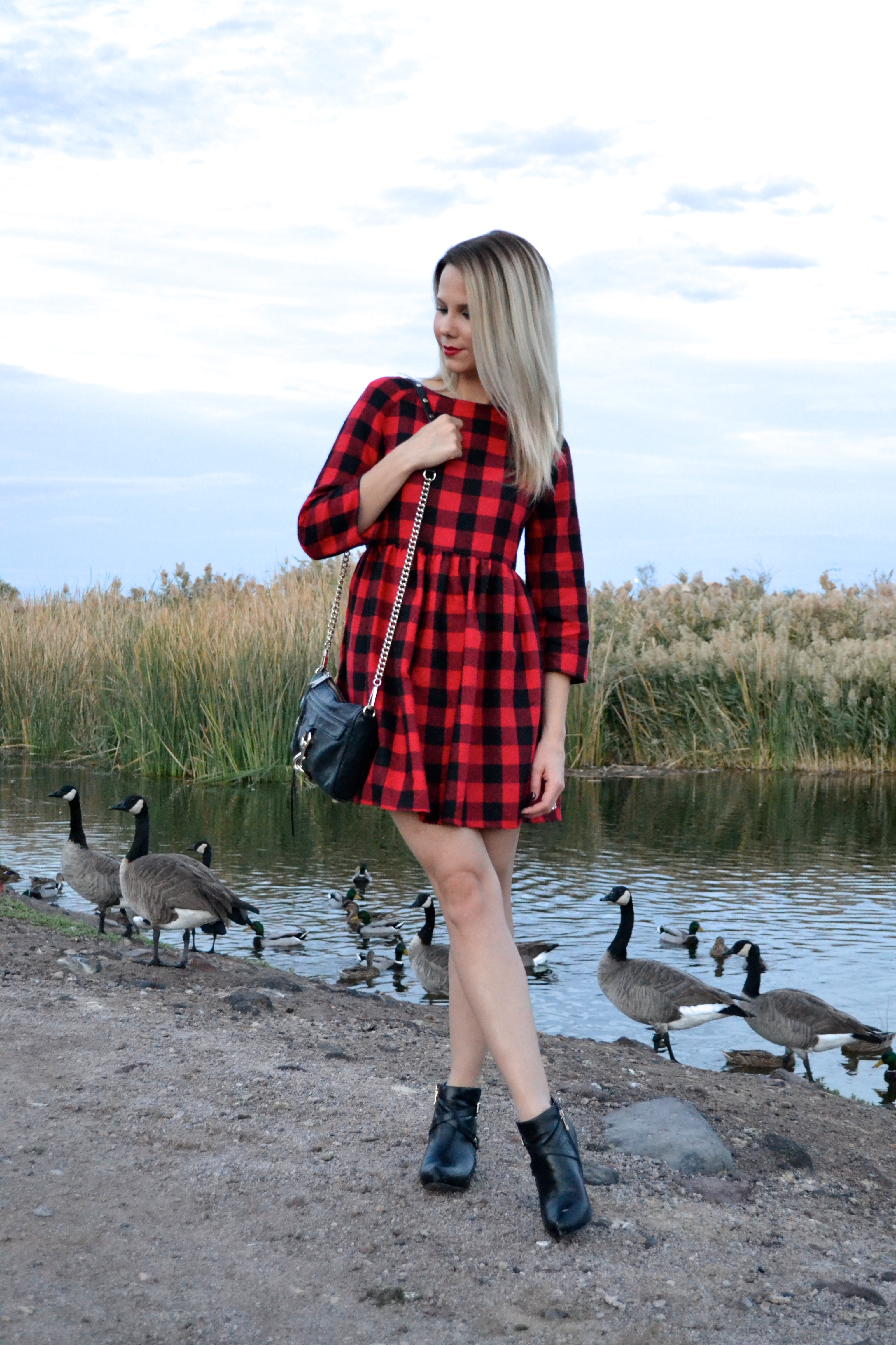 red plaid dress, booties, Rebecca Minkoff bag Glam Life Living 