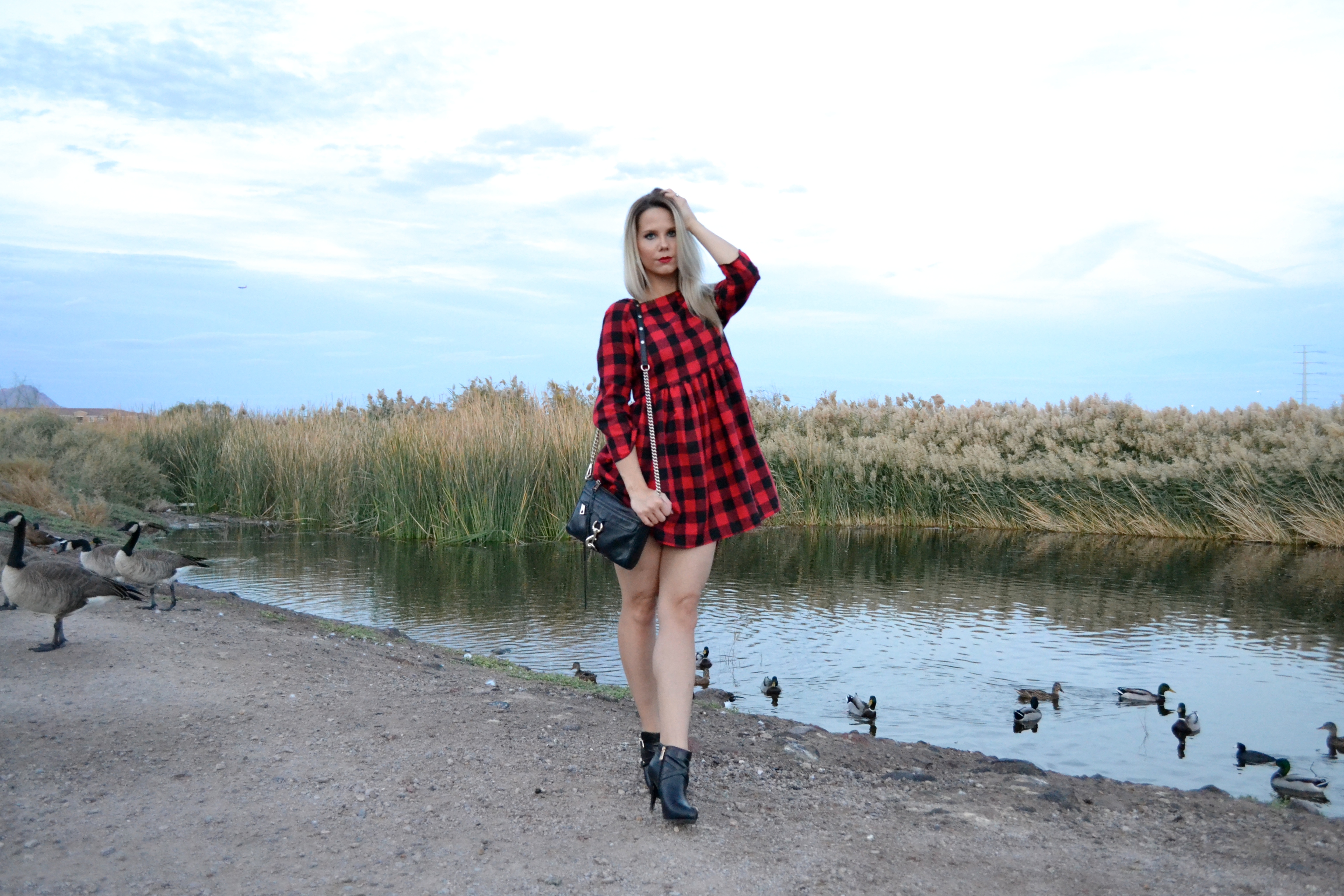 Red Plaid Dress with booties and Rebecca Minkoff Bag on glamlifeliving.com