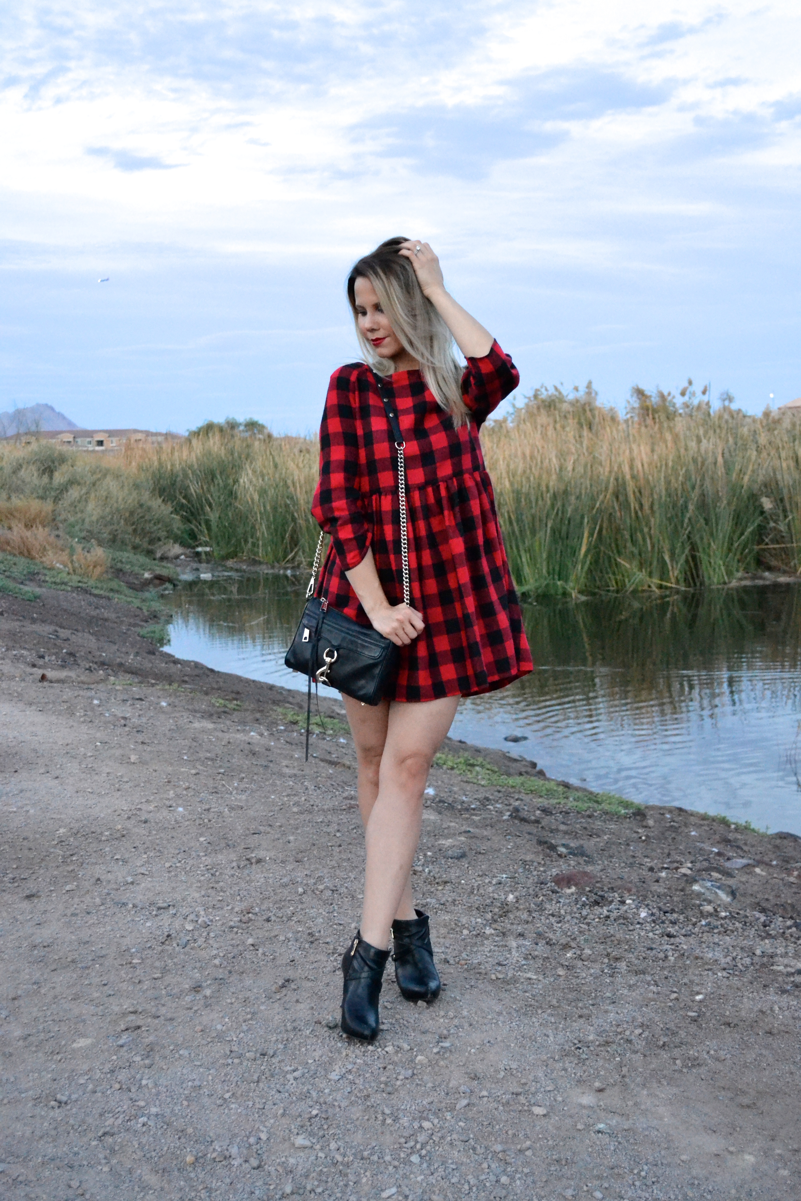 red plaid dress with 3/4 length sleeves on glam life living