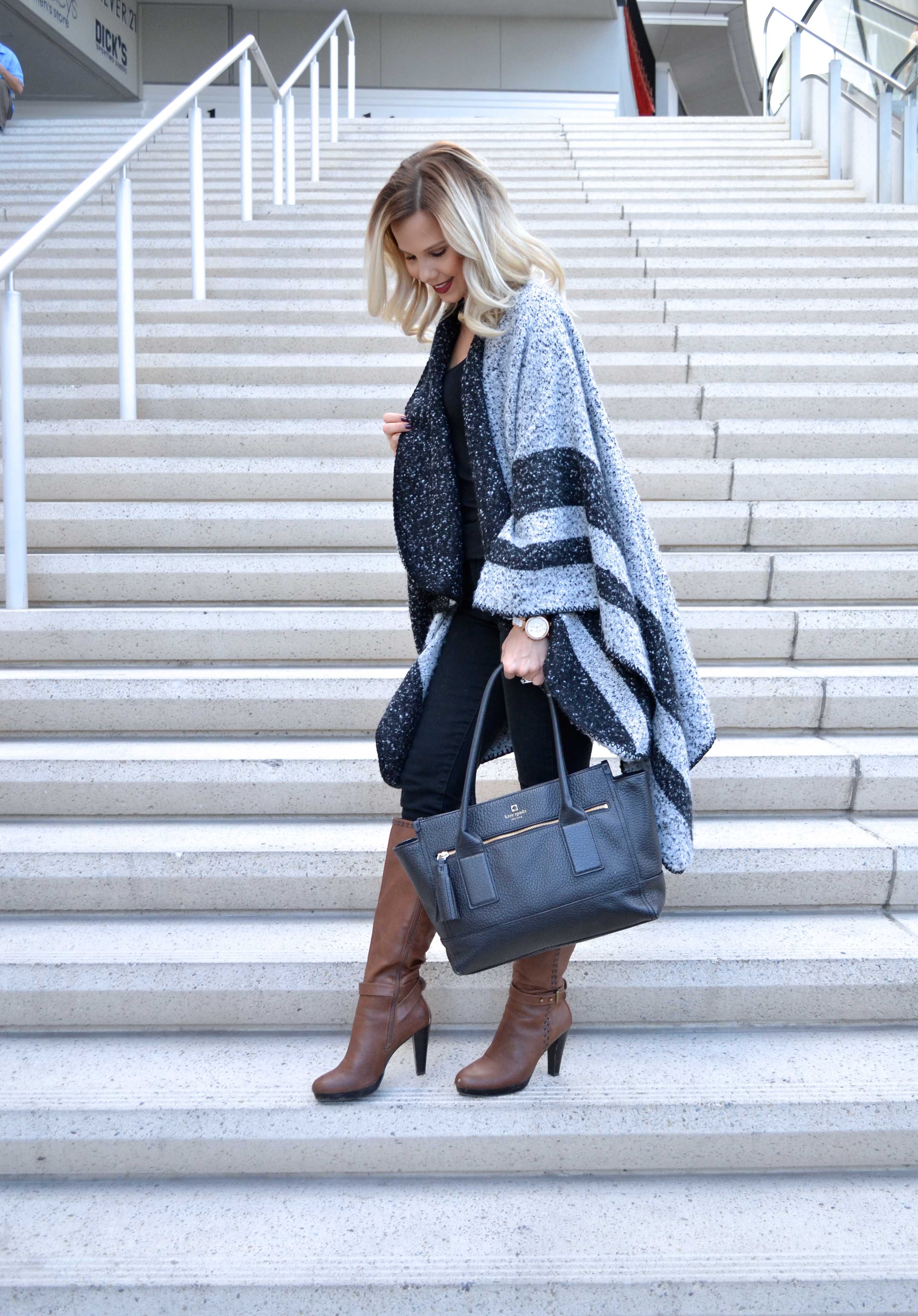Black and Grey Poncho with Black Kate Spade Tote