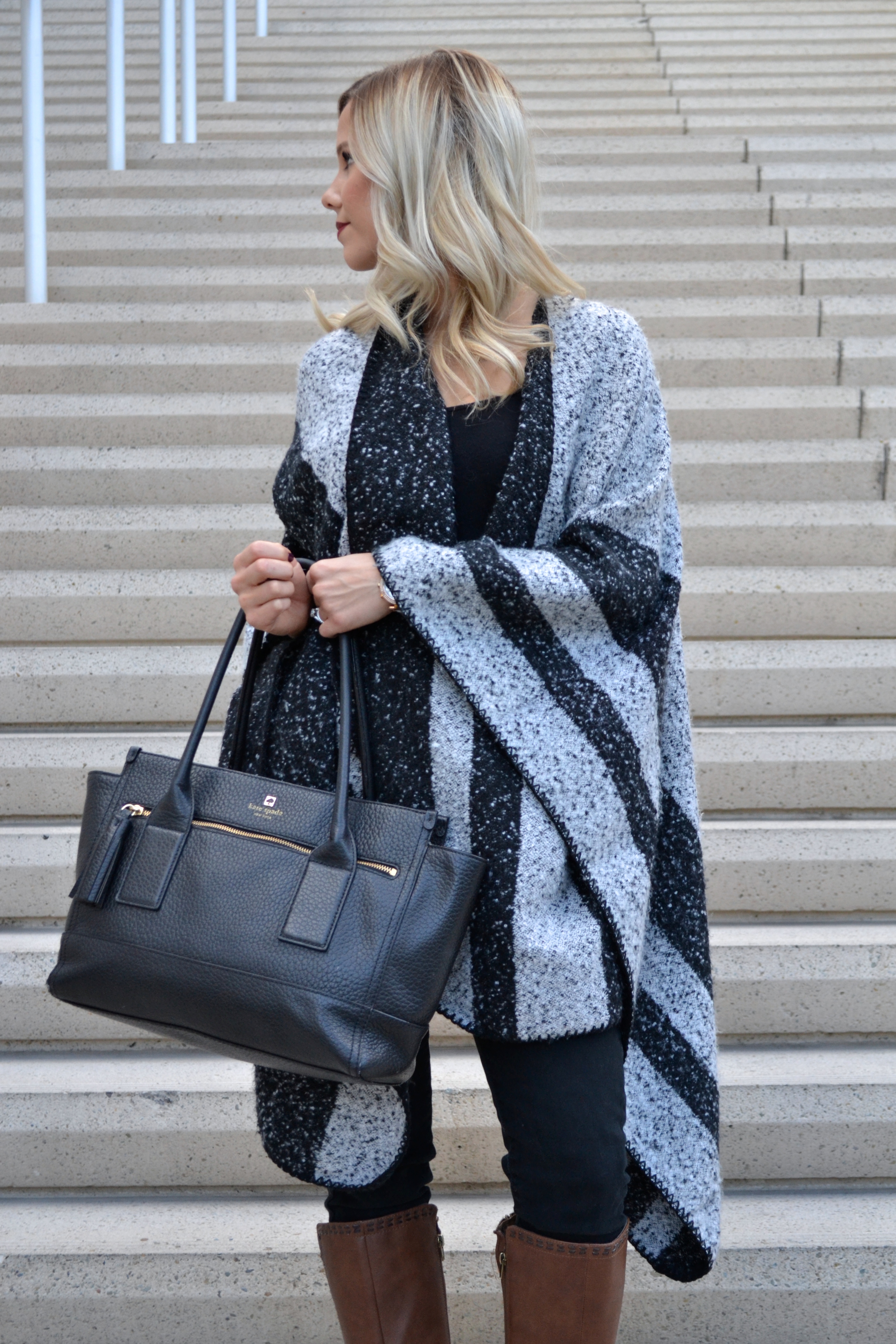 black and grey poncho sweater and black Kate Spade Tote on glamlifeliving.com