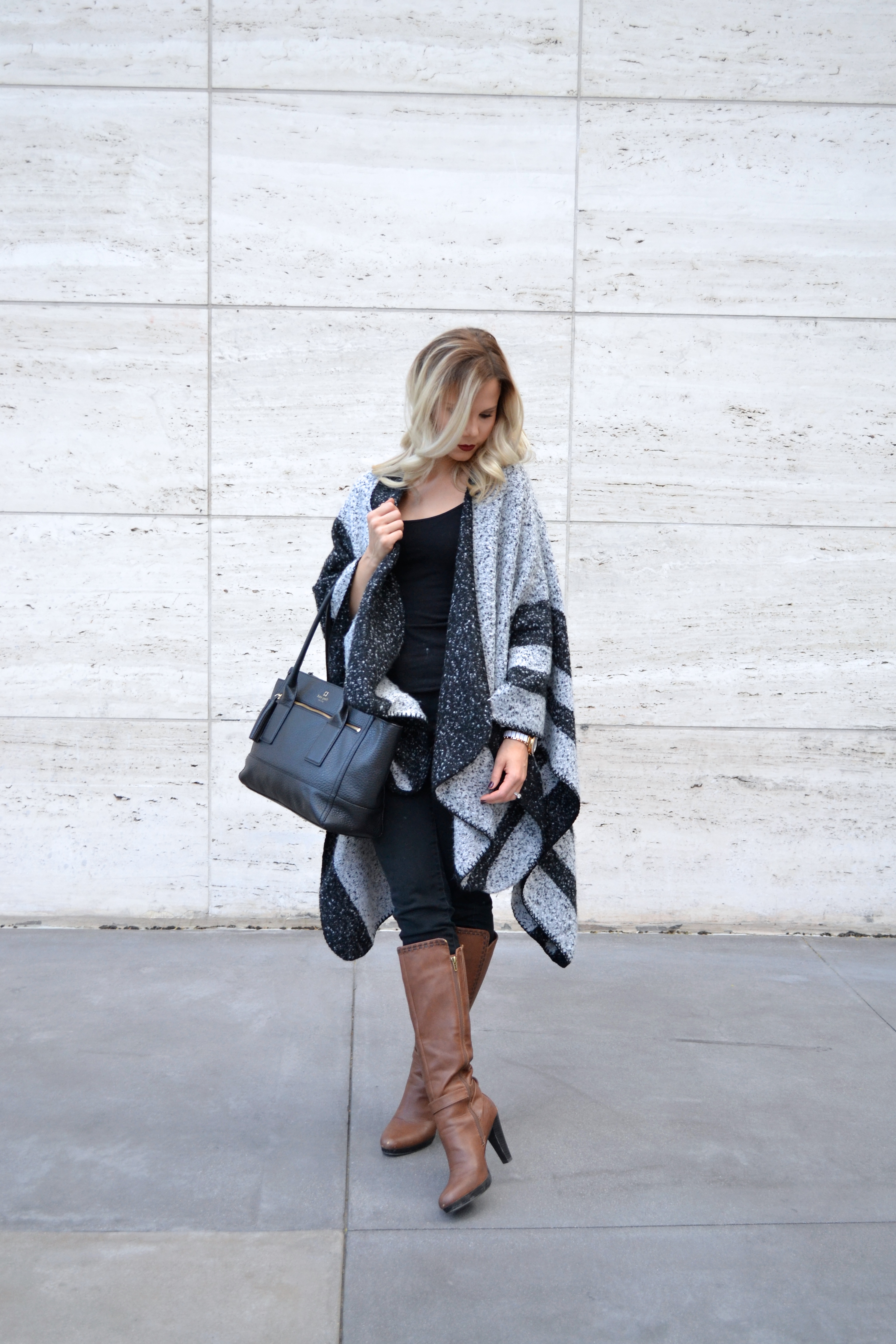 black and grey poncho with brown boot and Kate Spade tote on glamlifeliving.com 