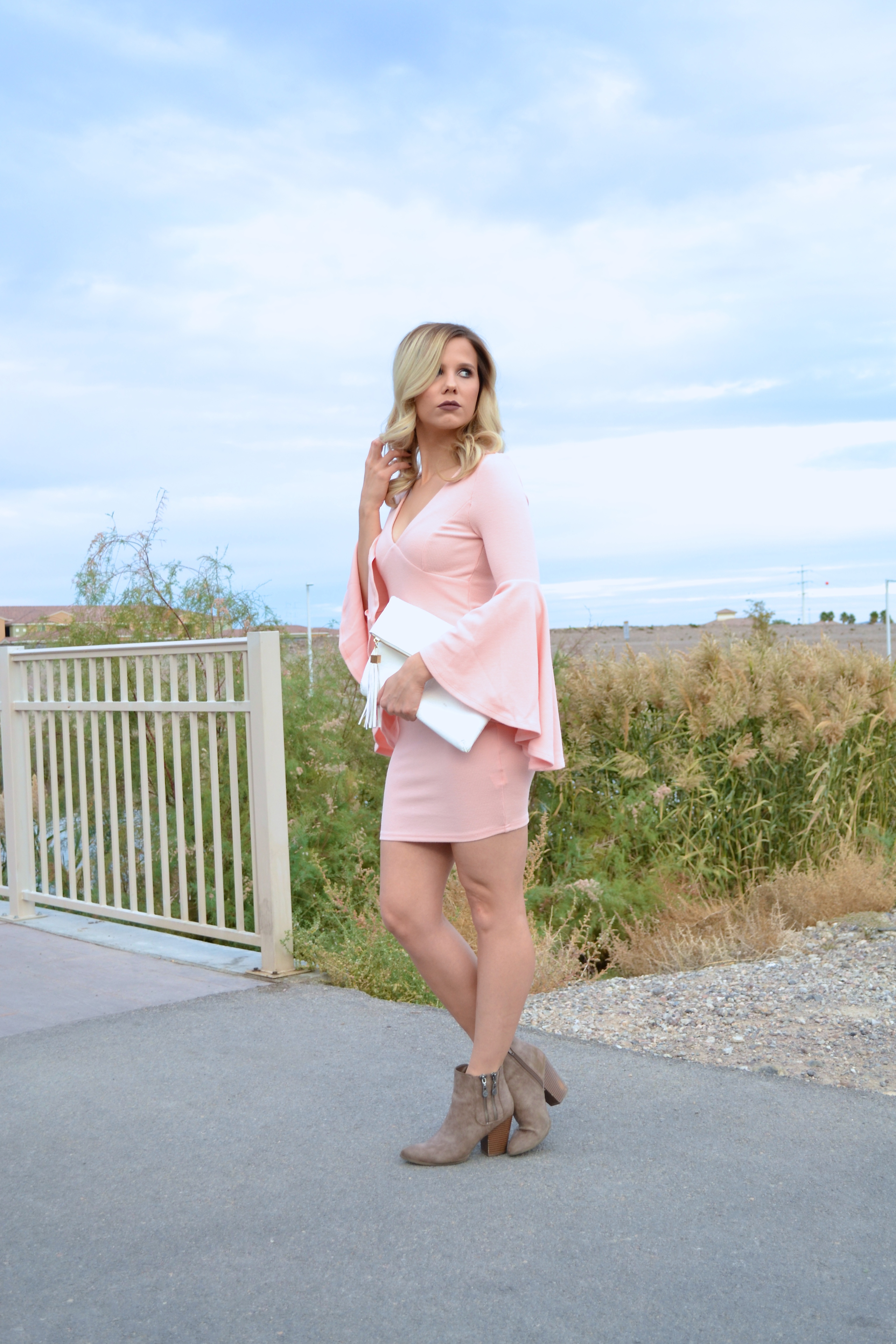 Pink Bell Sleeve Dress with Booties on Glam Life Living 