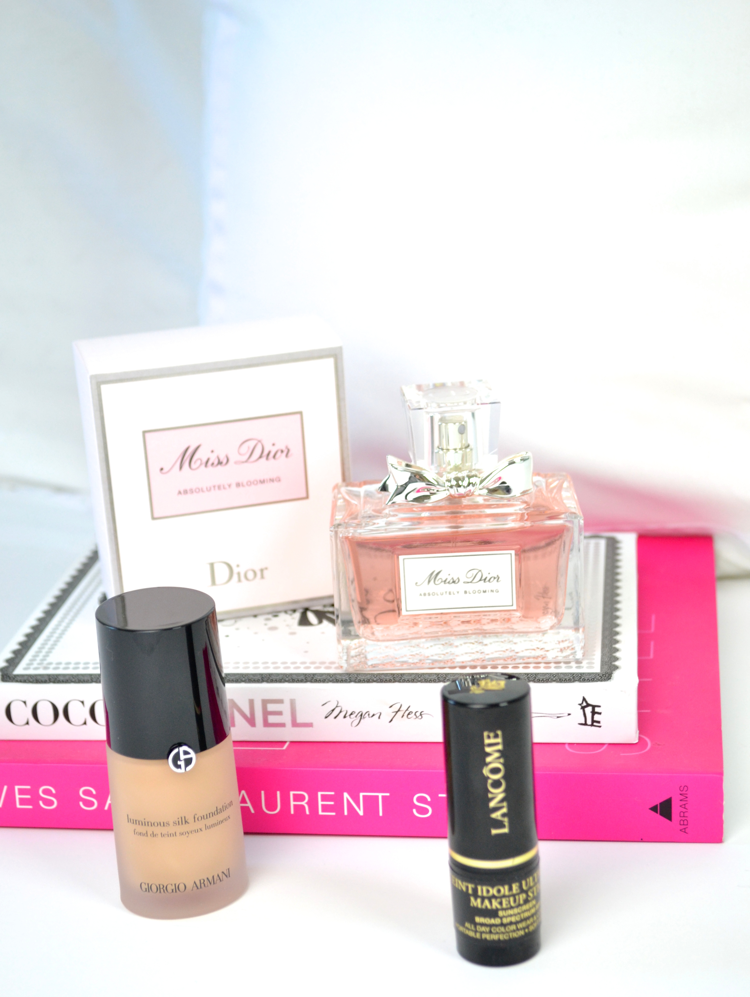 Sephora Beauty Buys |giorgio armani foundation, lance foundation stick, and Dior Absolutely Blooming Perfume|