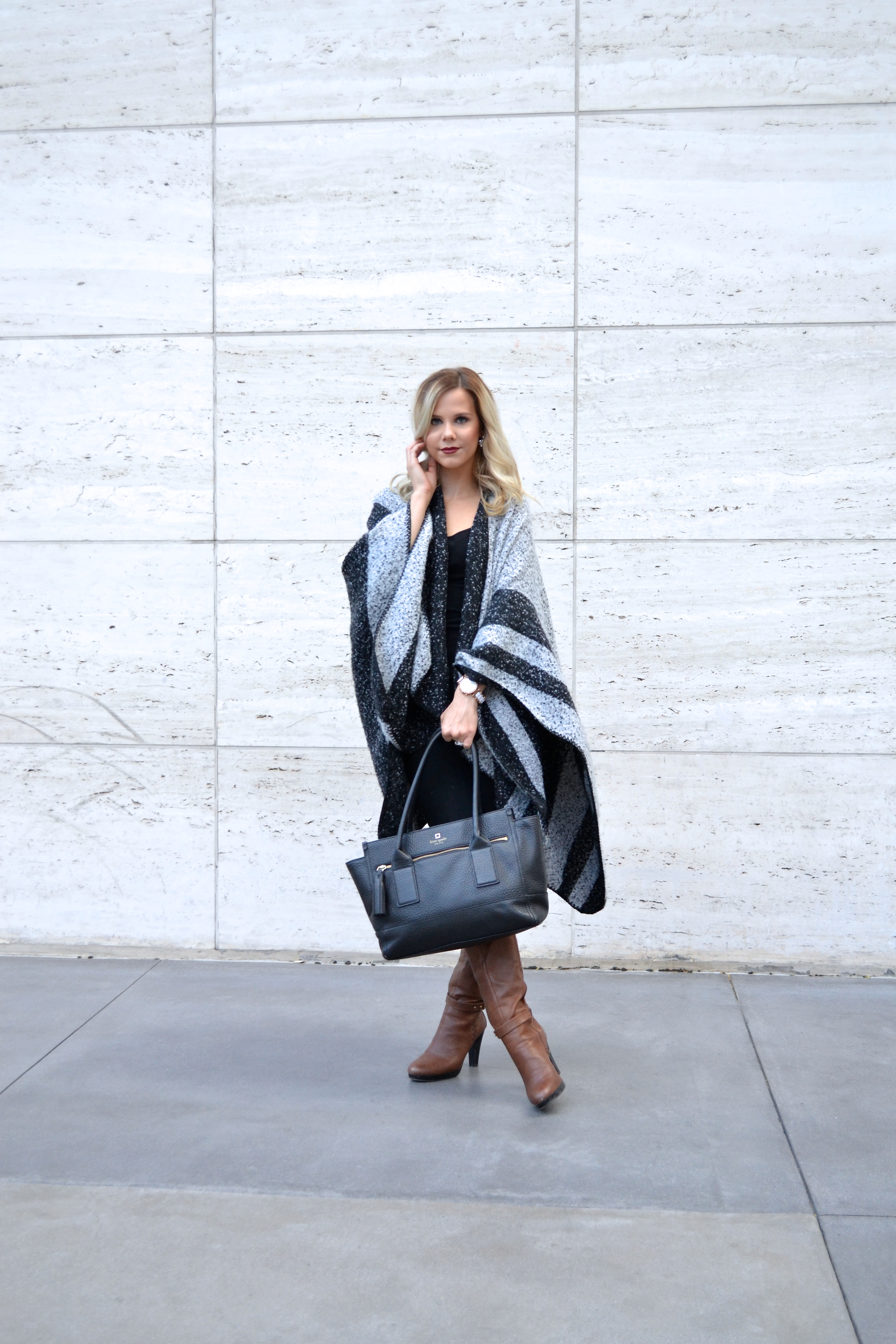 poncho, boots, and tote on glamlifeliving.com