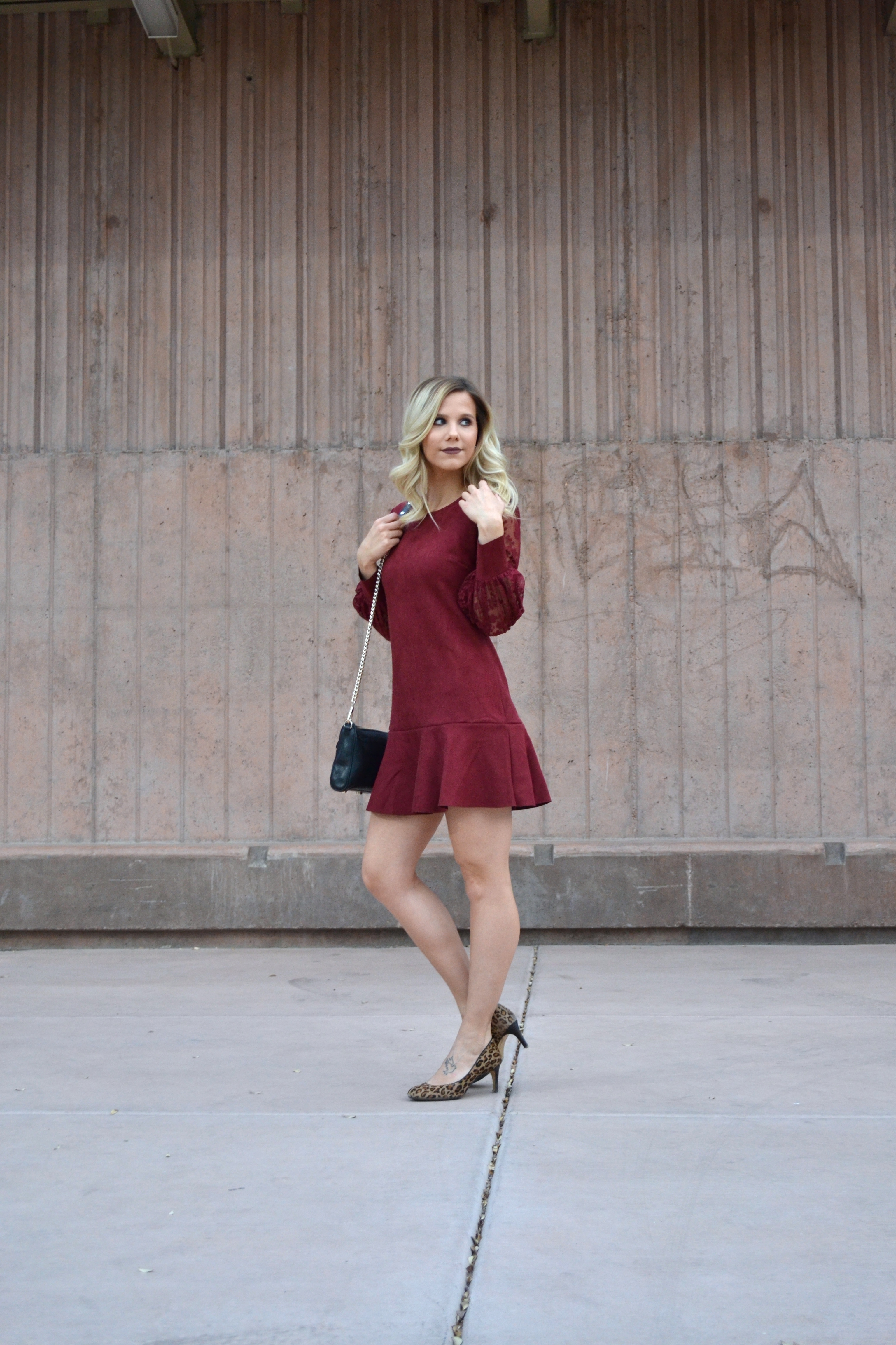 Burgundy Lantern Sleeve Drop Waist Suede Dress