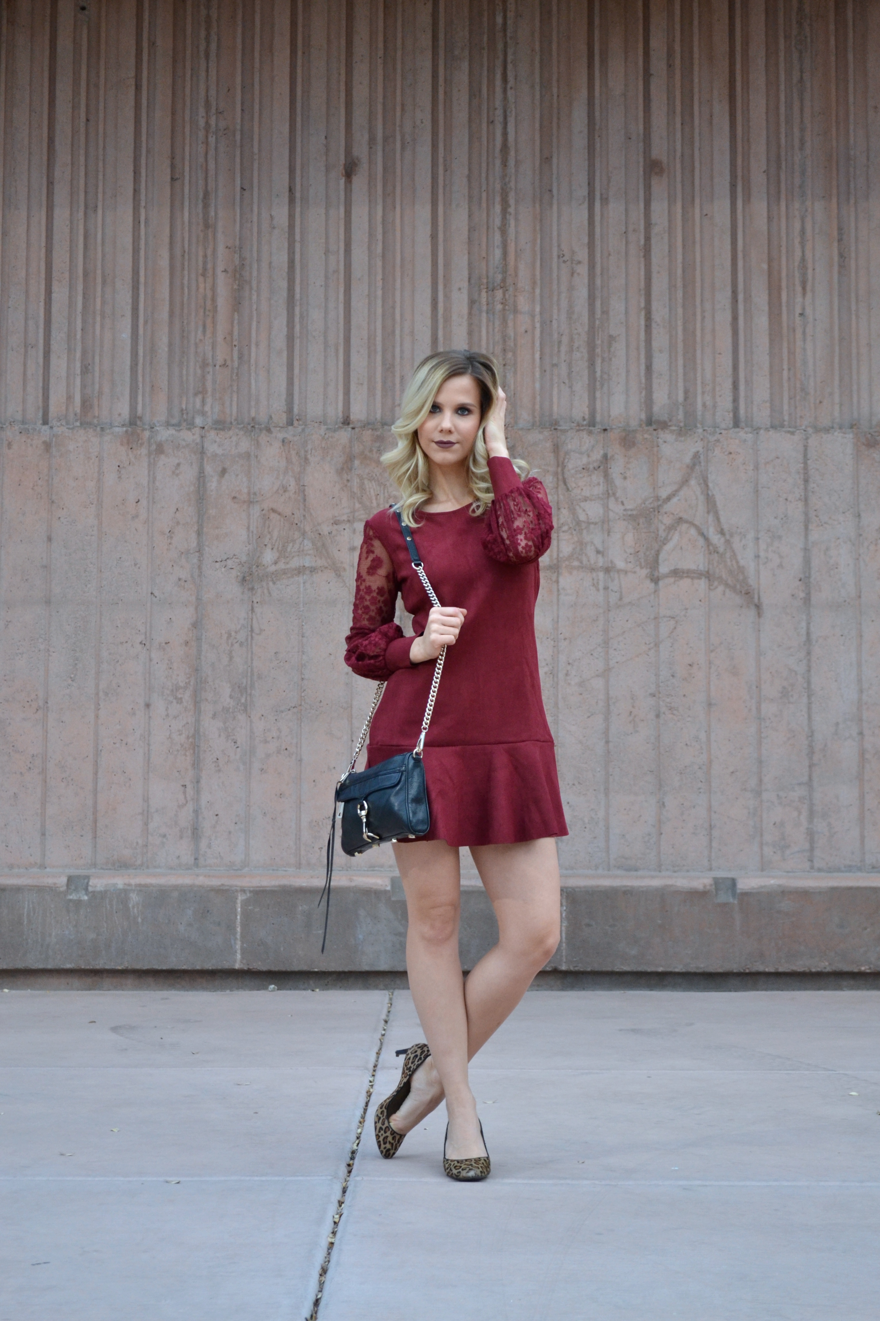 Burgundy Lantern Sleeve Suede Dress