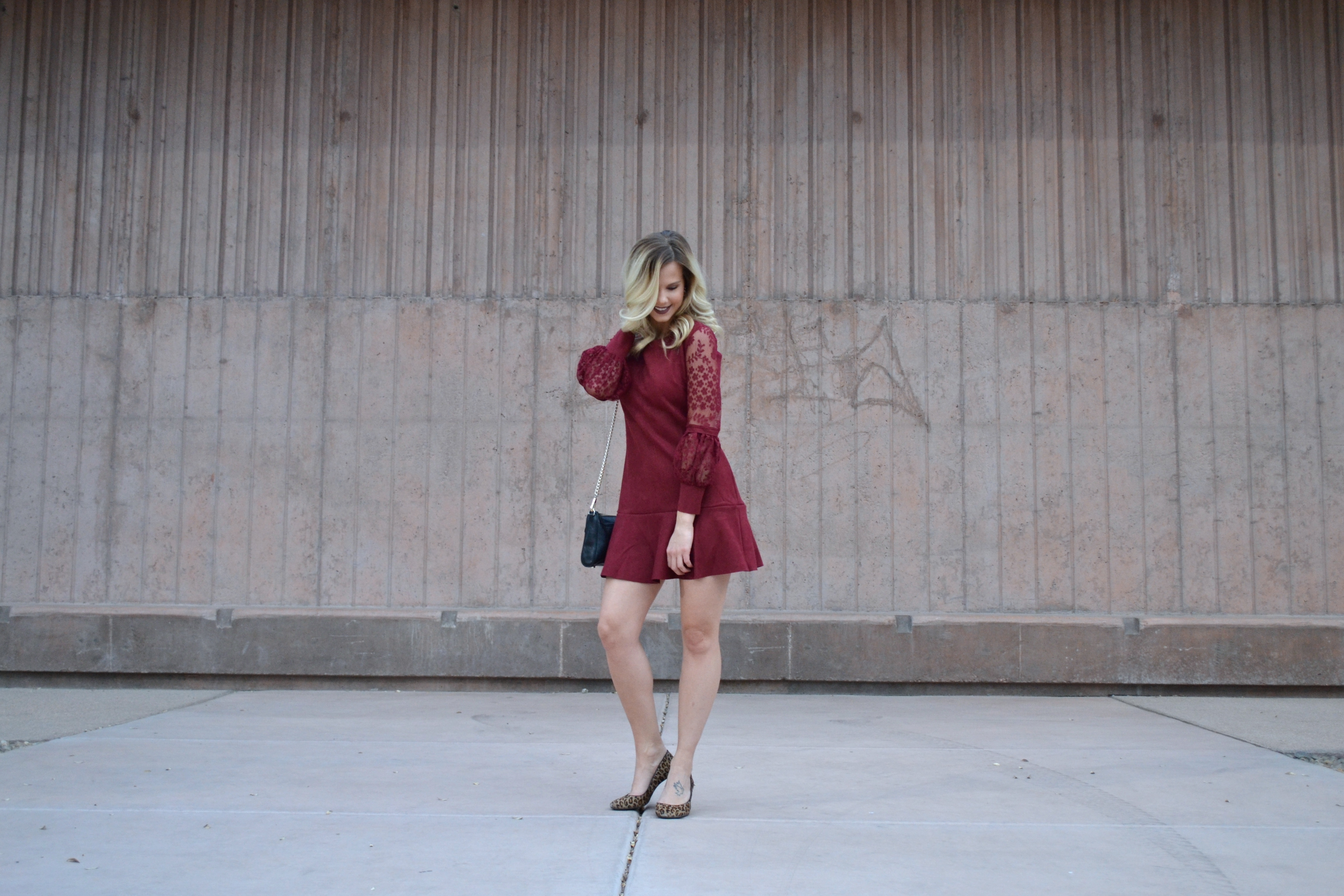 drop waist suede dress in burgundy 