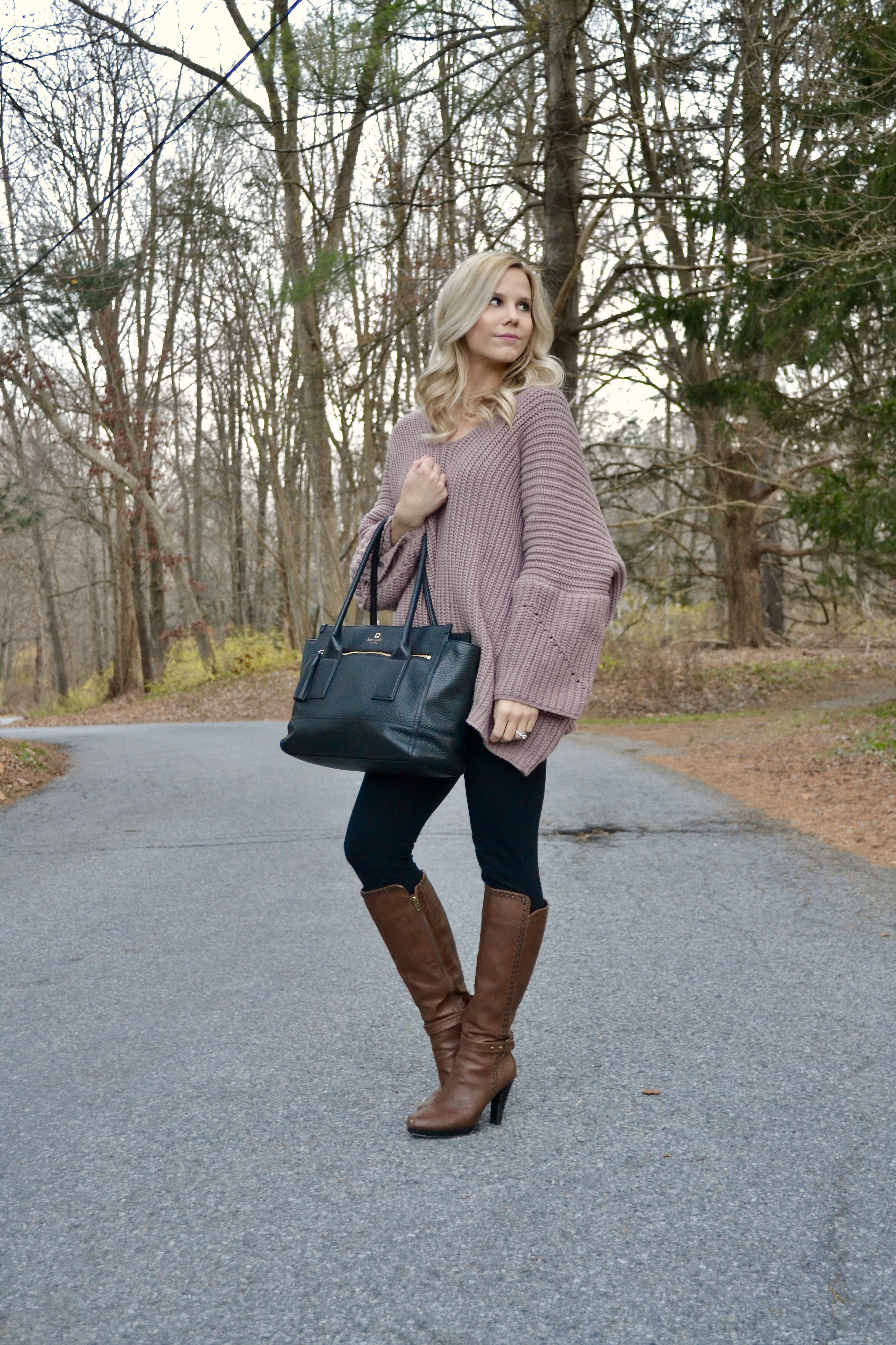 Romwe Pink Sweater with Black Kate Spade Tote and Brown Boots 