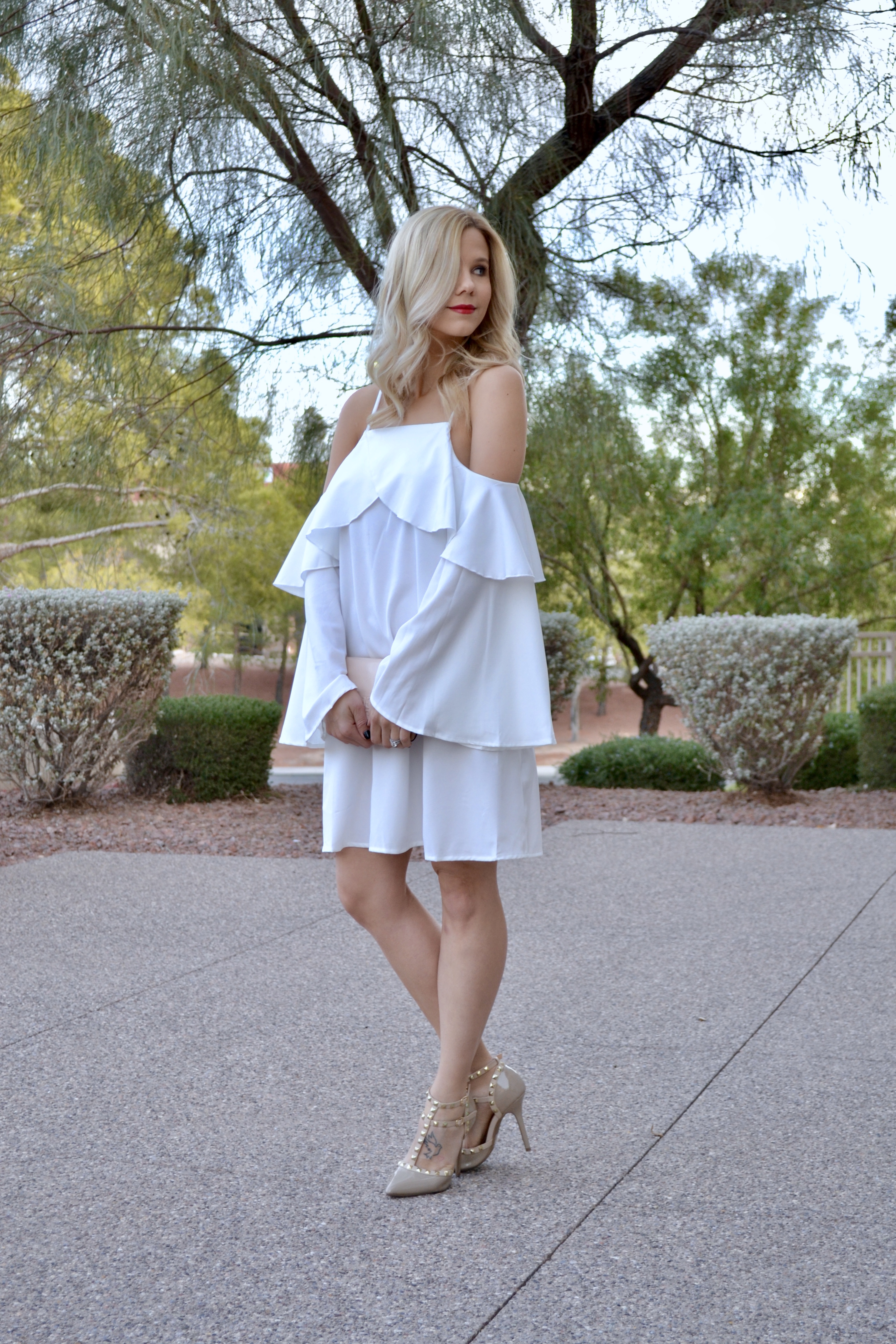 White Holiday Dress with cold shoulder and flares