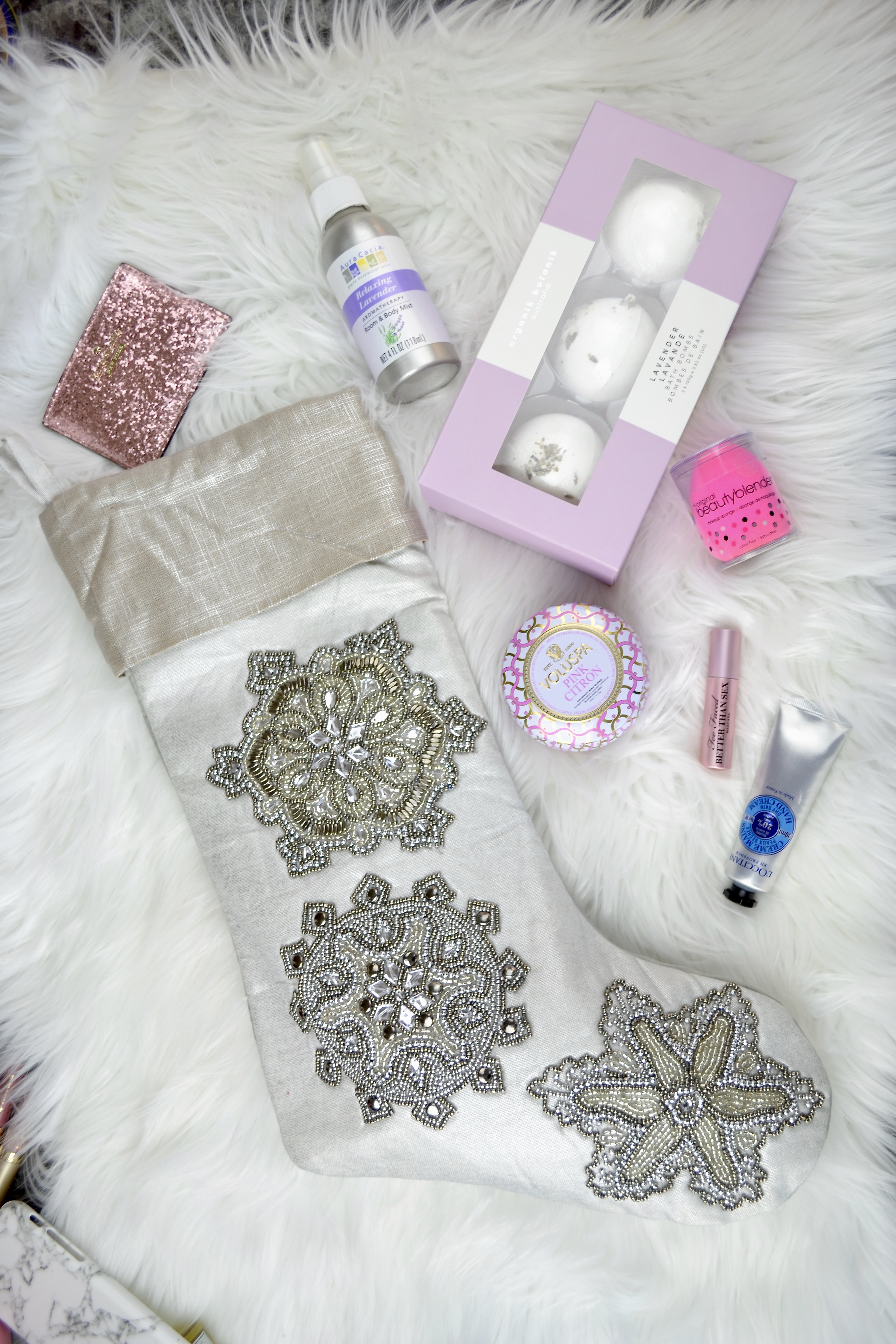 Stocking Stuffers for Her with Glitter Stocking and beauty products