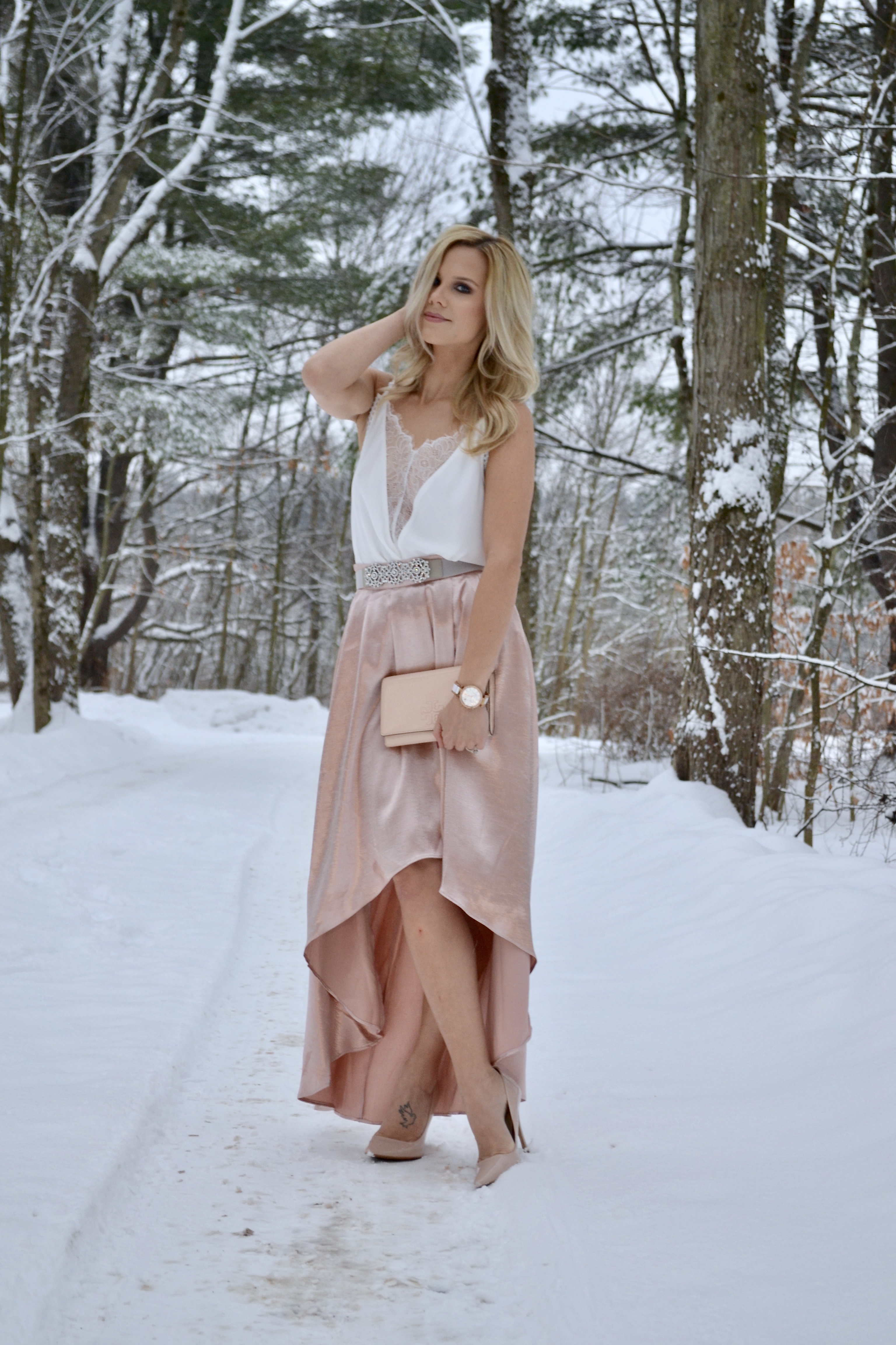 metallic skirt, white lace cami, nude heels, tory burch bag, and glitter belt on Glam Life Living