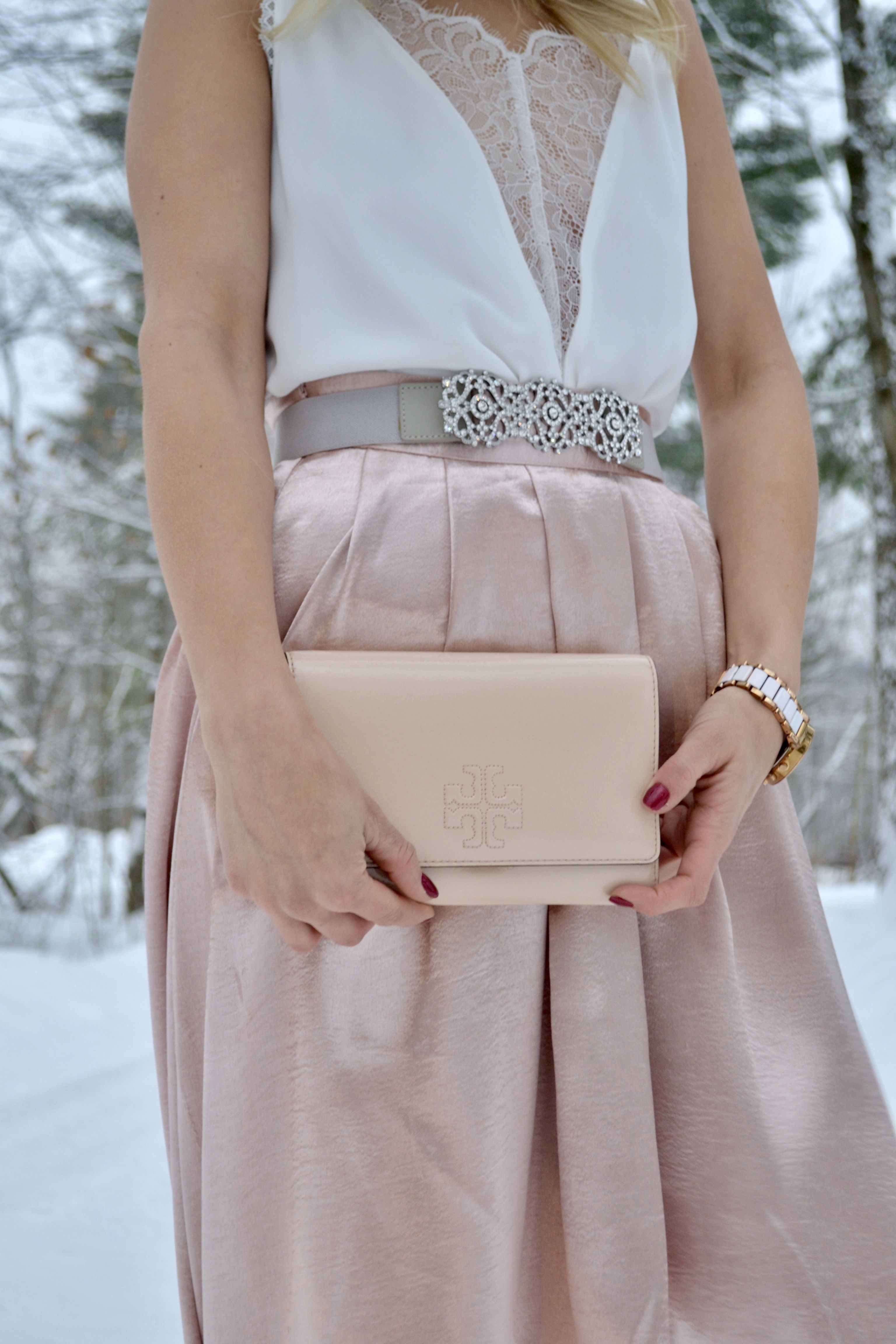 Glitter Belt and Tory Burch Clutch 