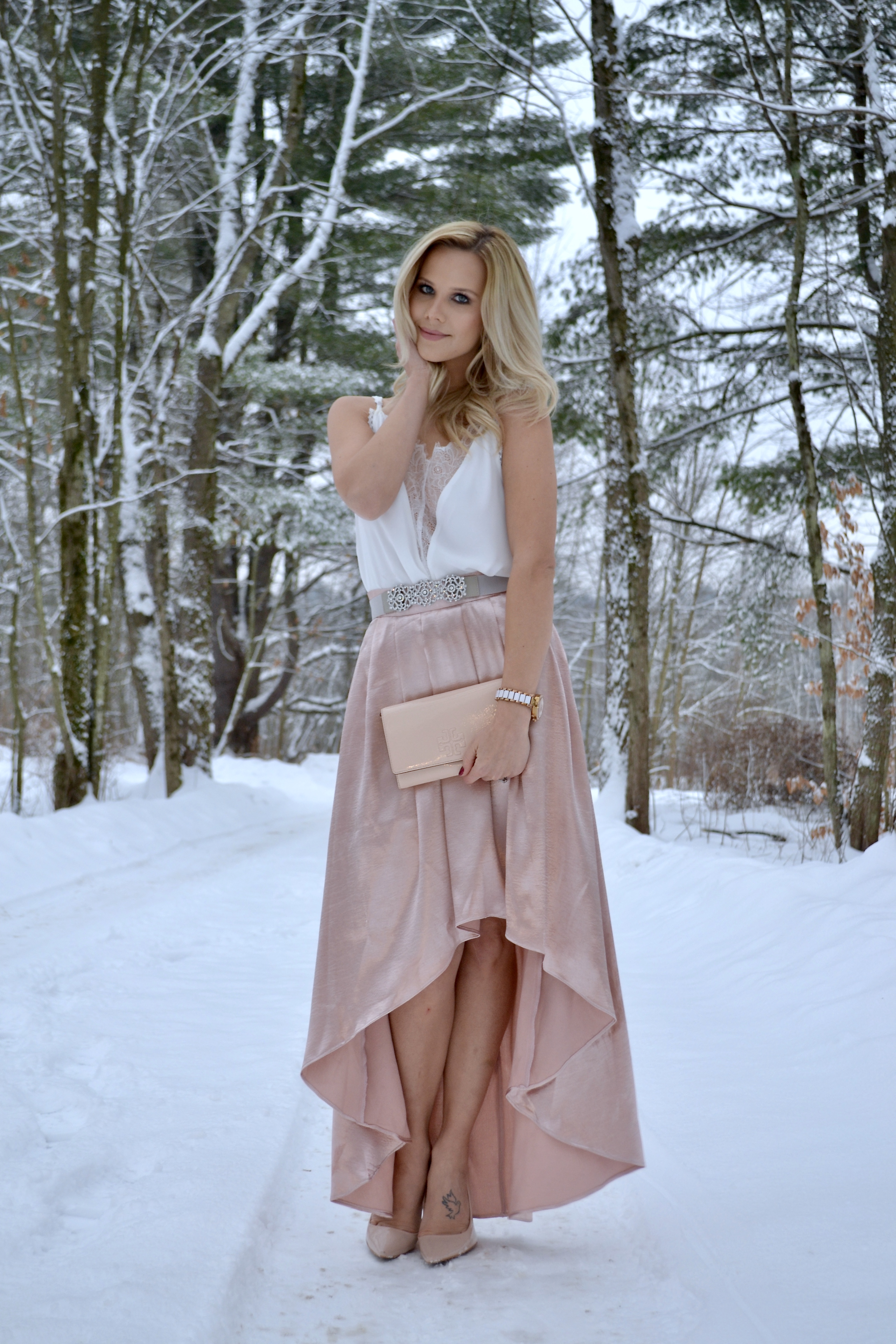 What to Wear This Christmas |Metallic High Low Skirt with White Lace Came and Tory Burch Clutch 