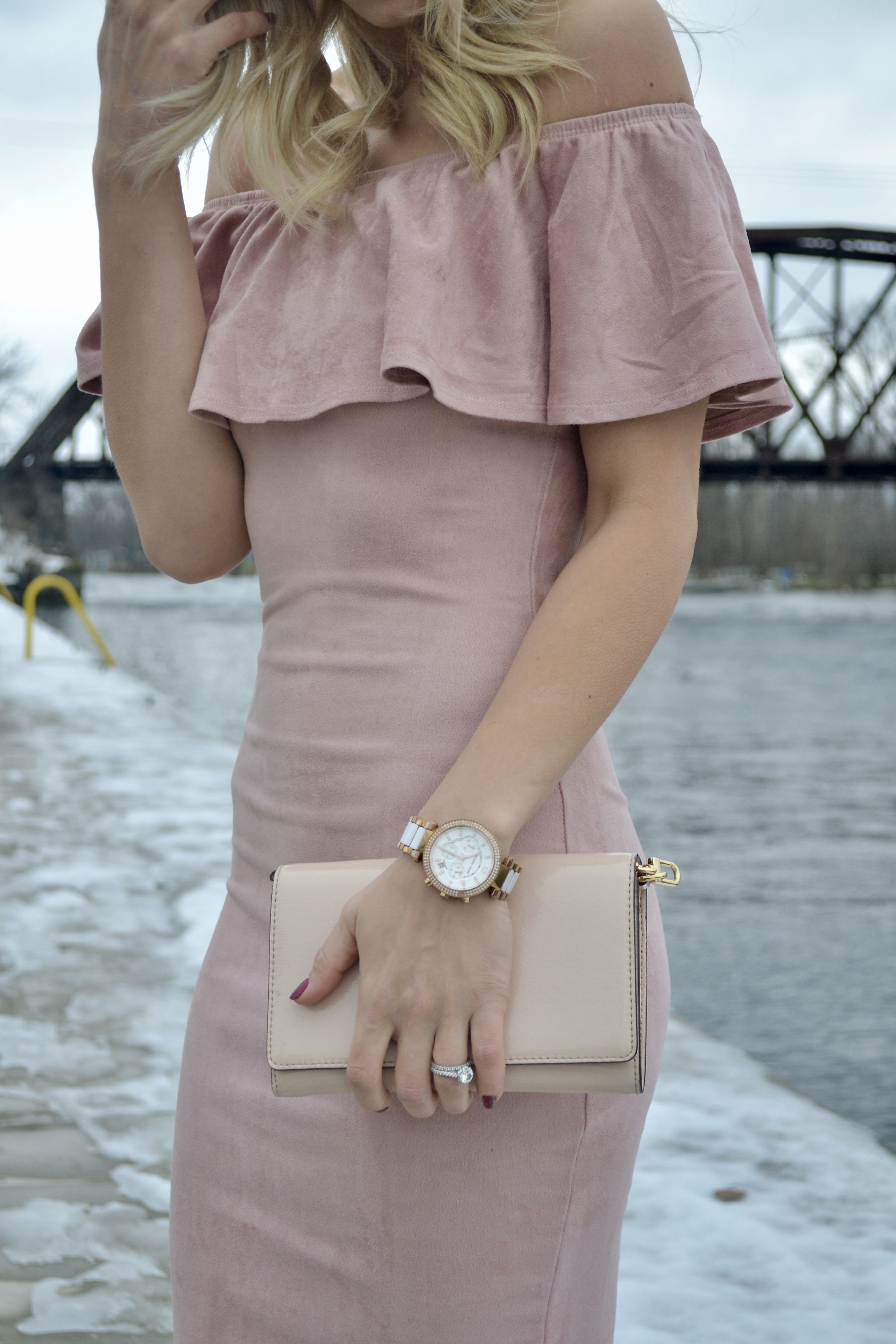 Velvet Ruffle Dress in Pink with Tory Burch Clutch and Michael Kors Watch 