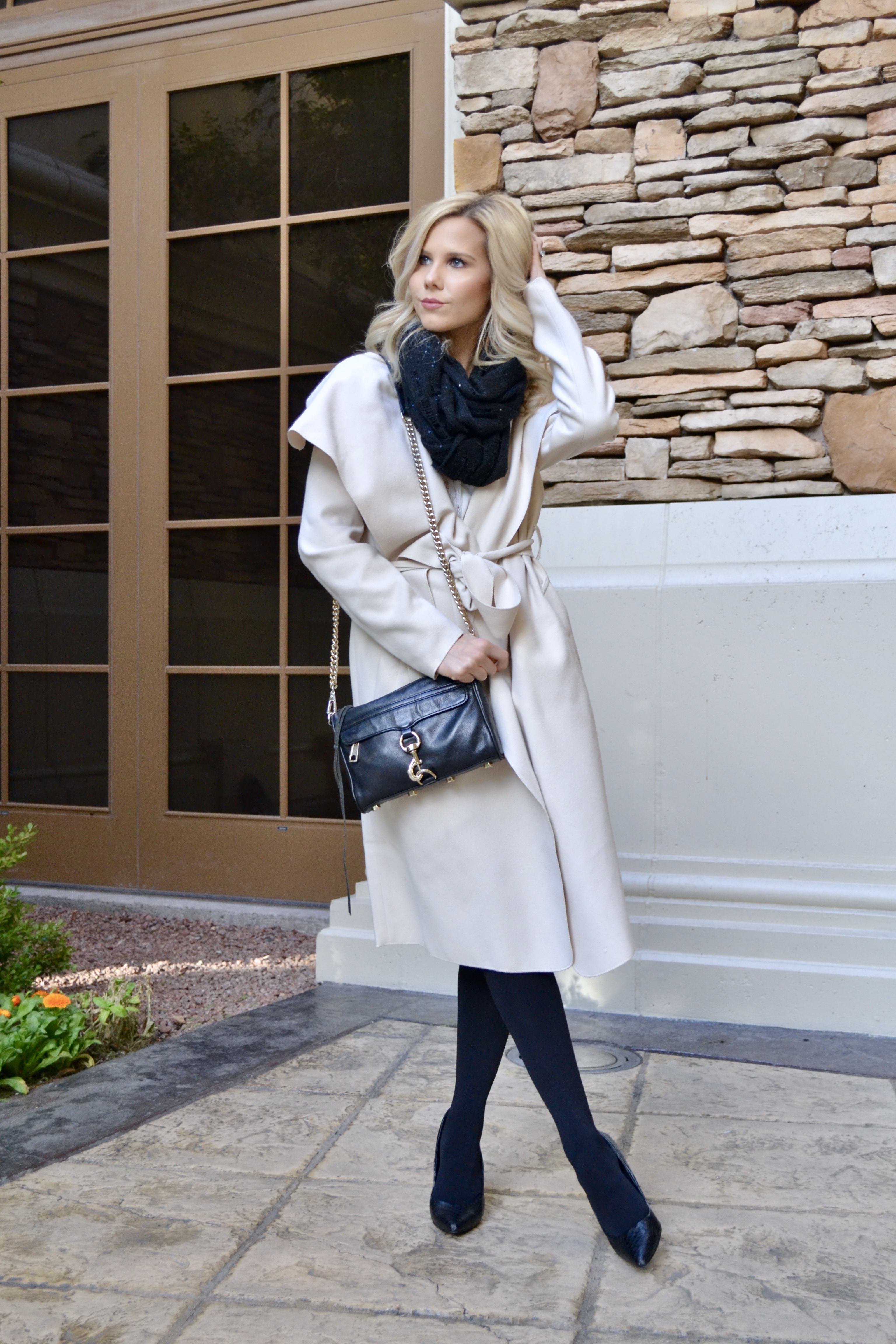 black scarf, Rebecca Minkoff bag, tan wrap coat