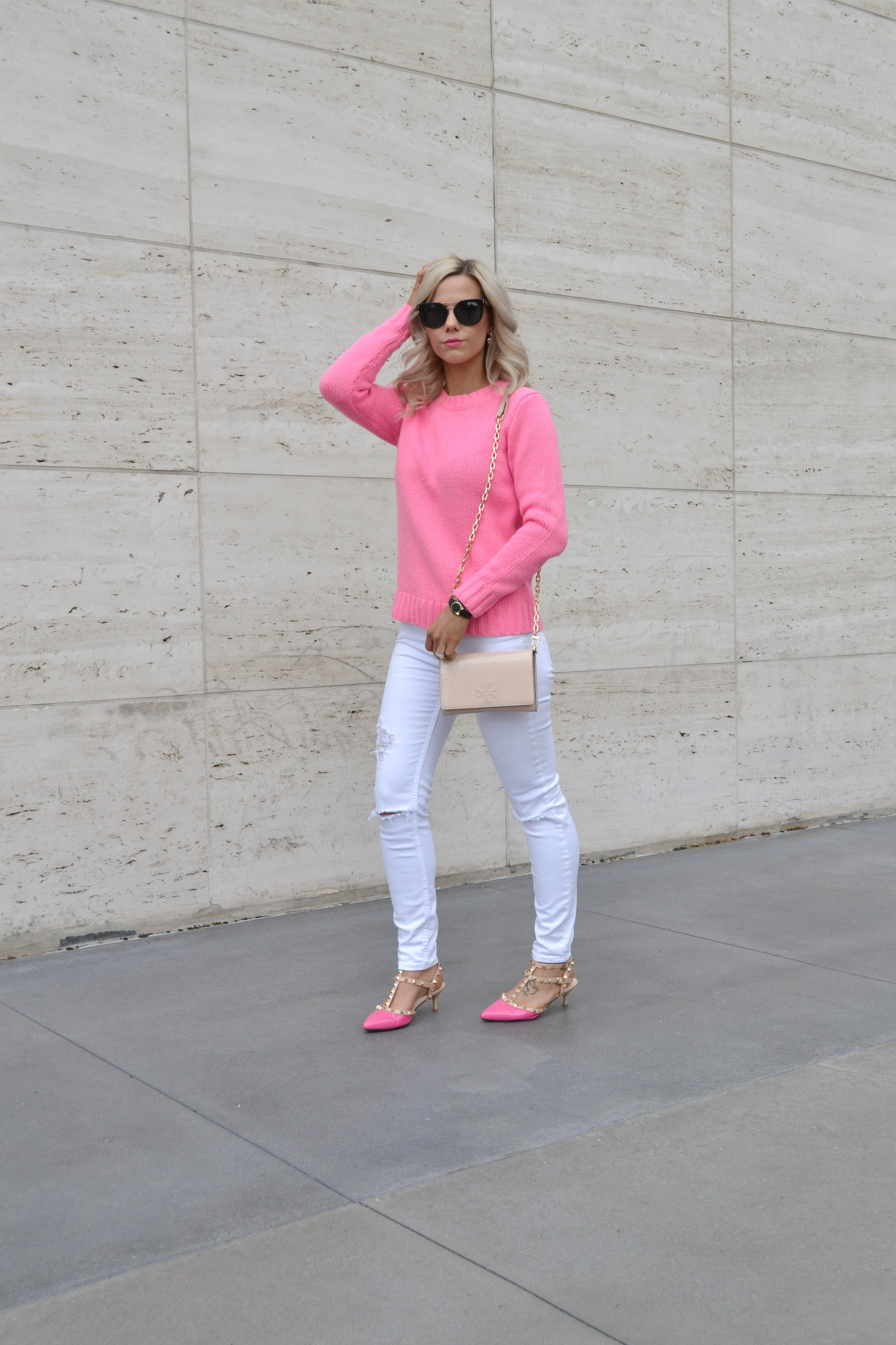 J Crew Pink Sweater and White Jeans