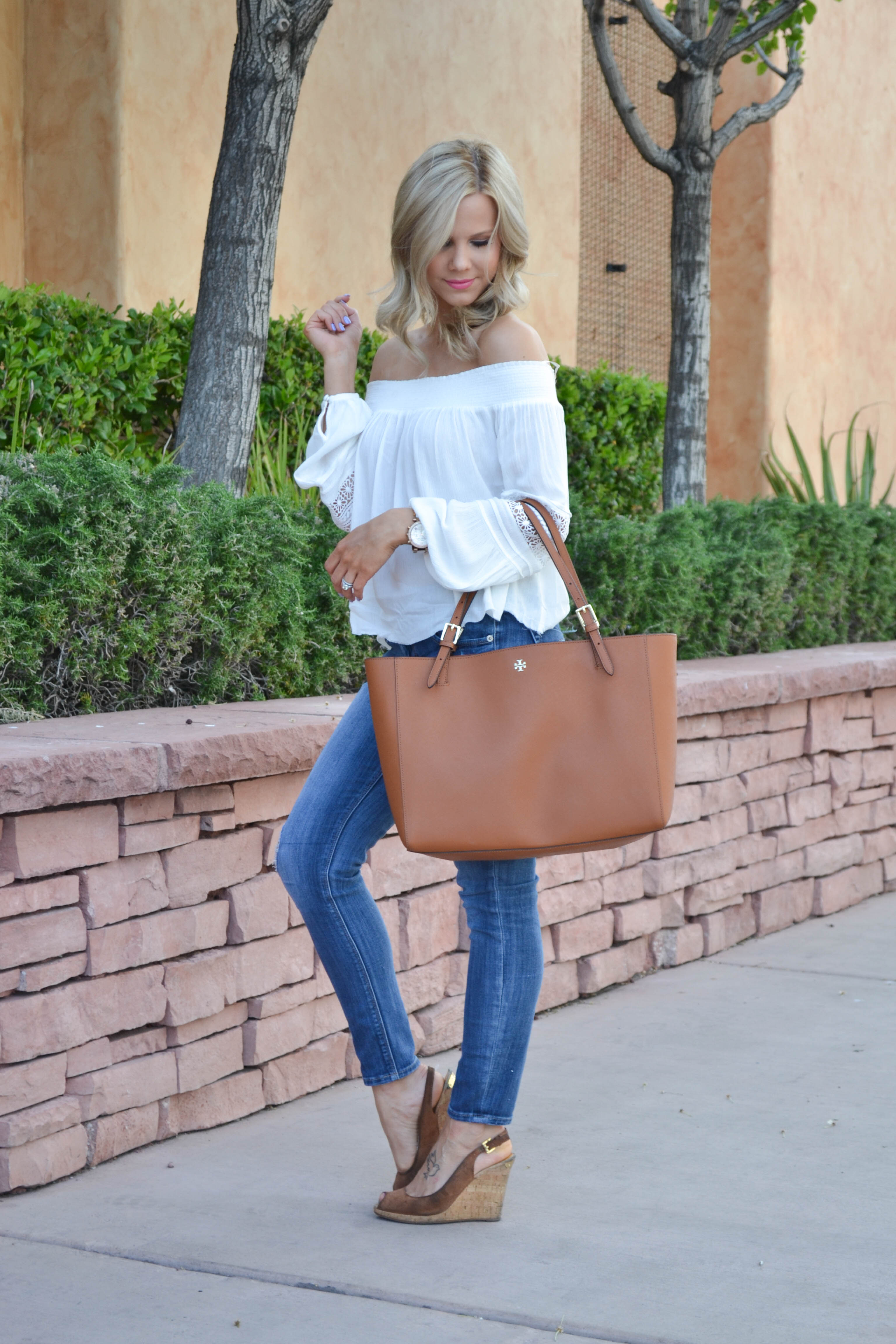 Spring style, summer fashion, white off the shoulder top, peasant top, tory burch tote