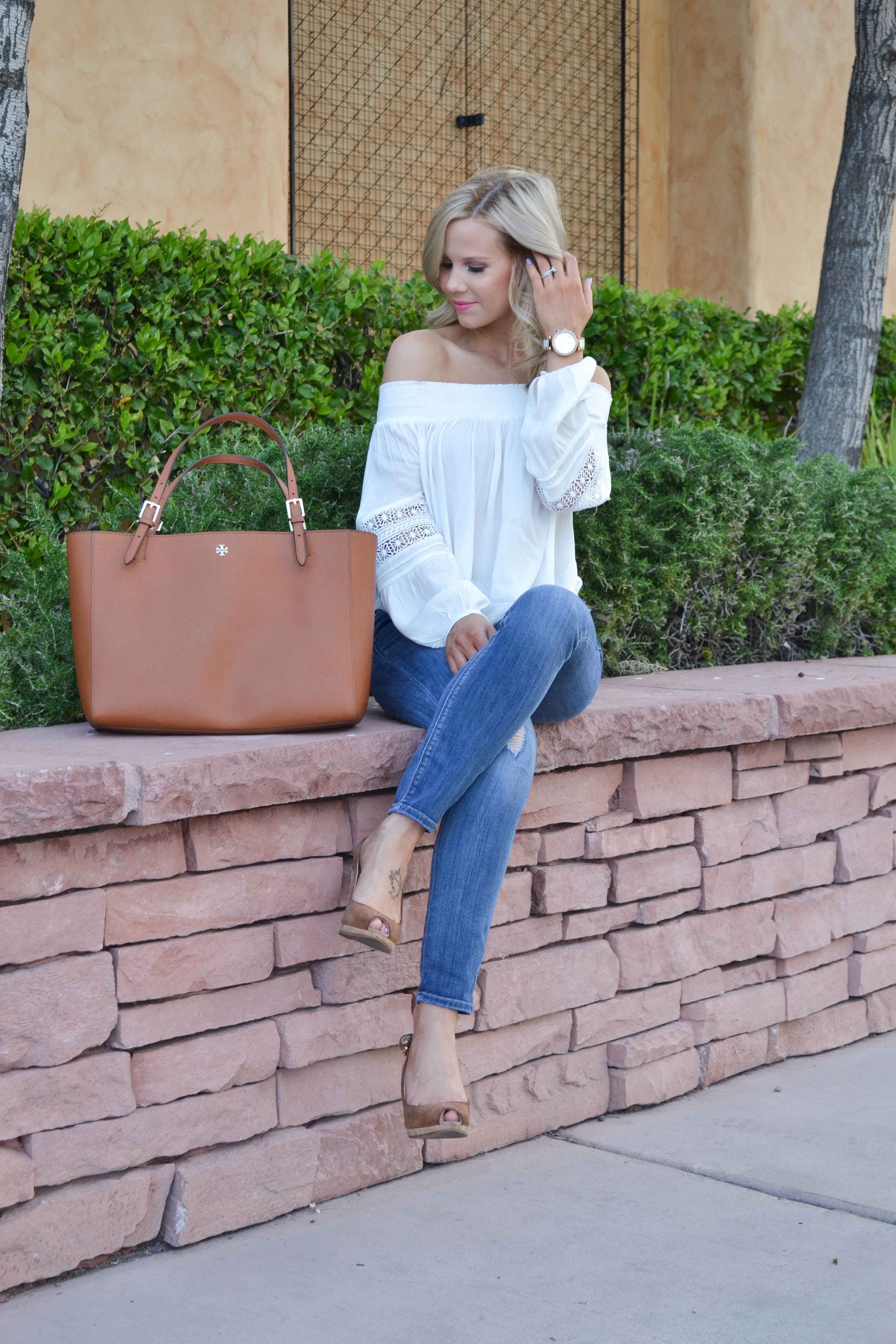 casual Spring outfit, white off the shoulder top, Tobi, Tory Burch Buckle Tote