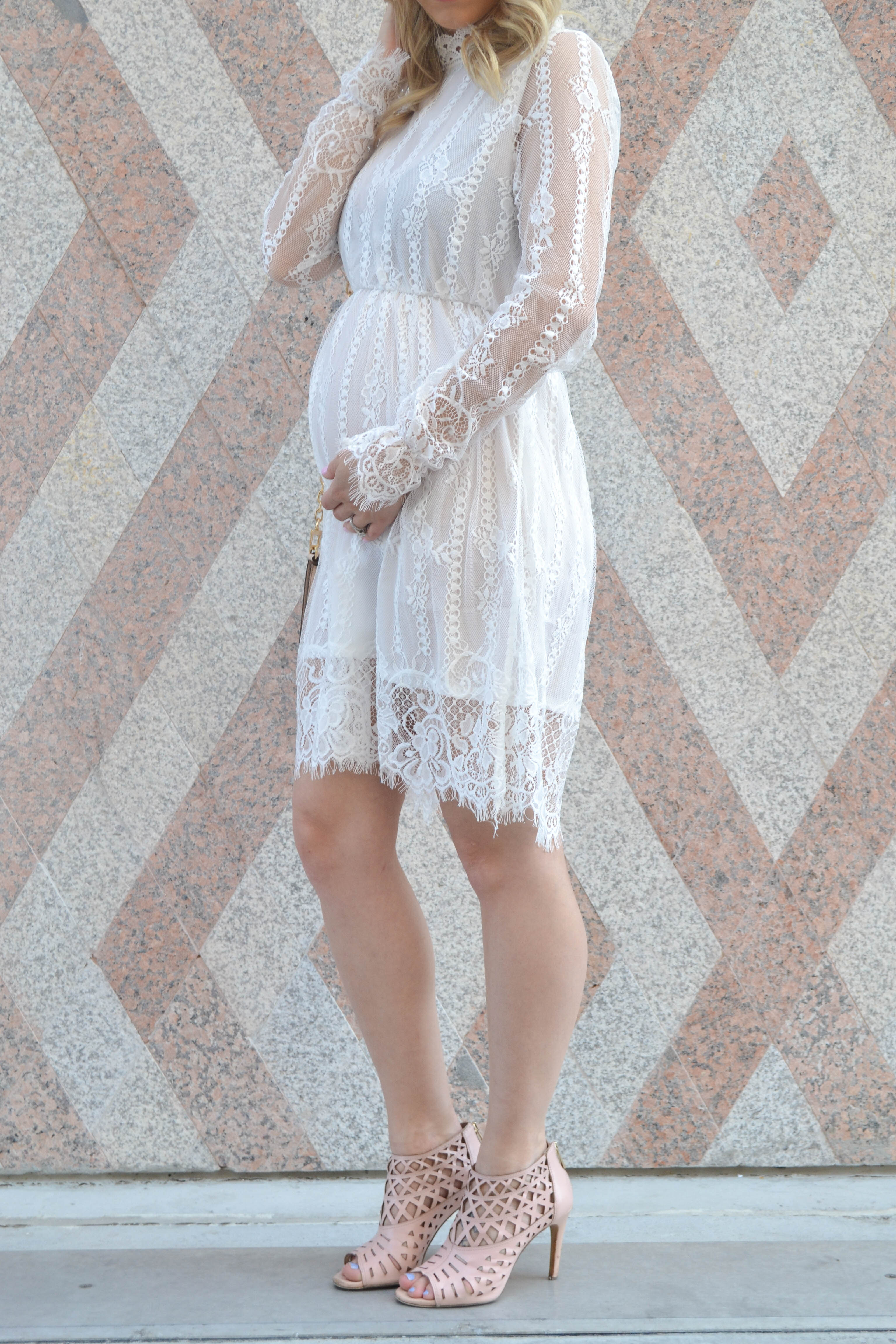 baby bump, pregnancy style, maternity style, white lace dress, perfect baby shower dress