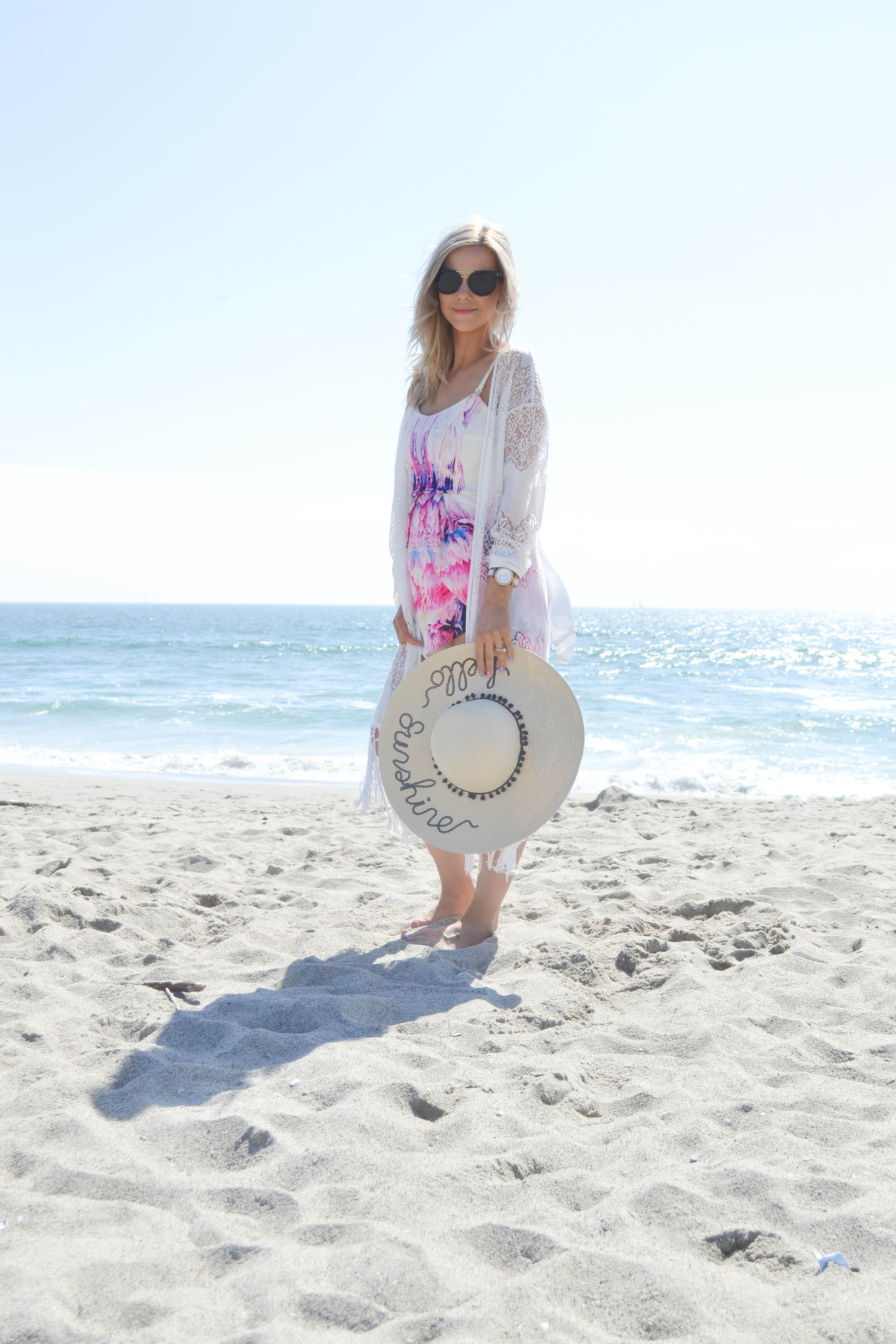 colorful romper with lace kimono and beach hat