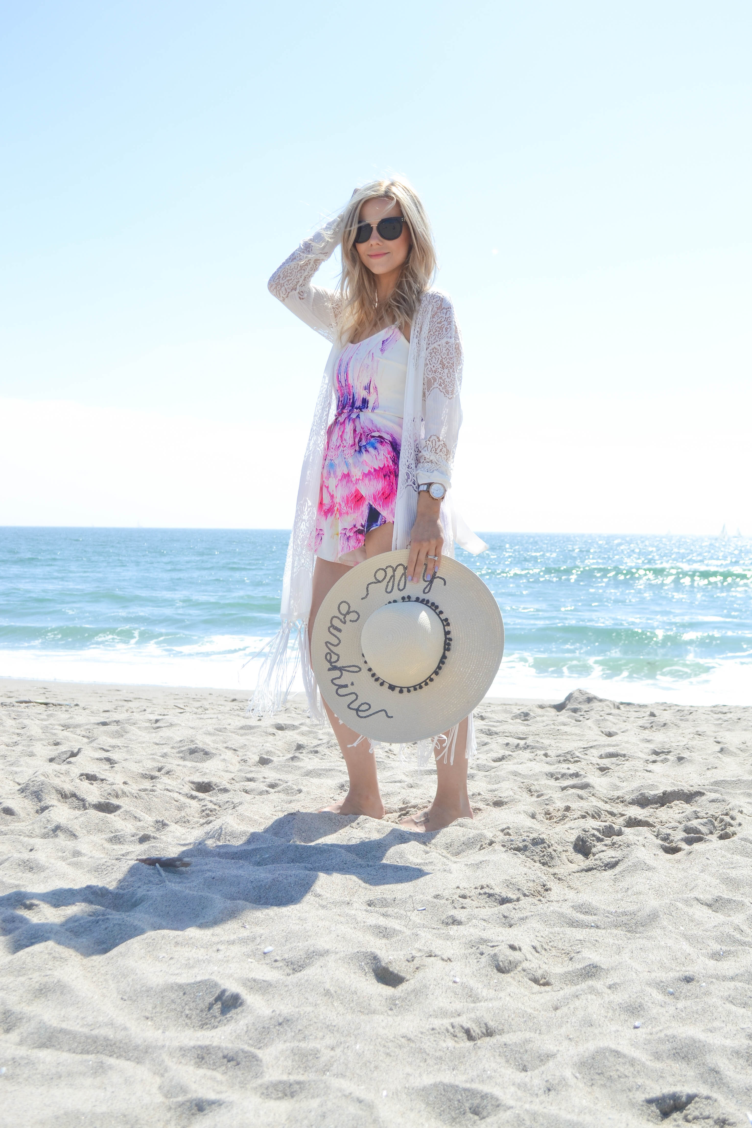 watercolor romper, lace kimono, beach style, what to wear to the beach, blogger beach style