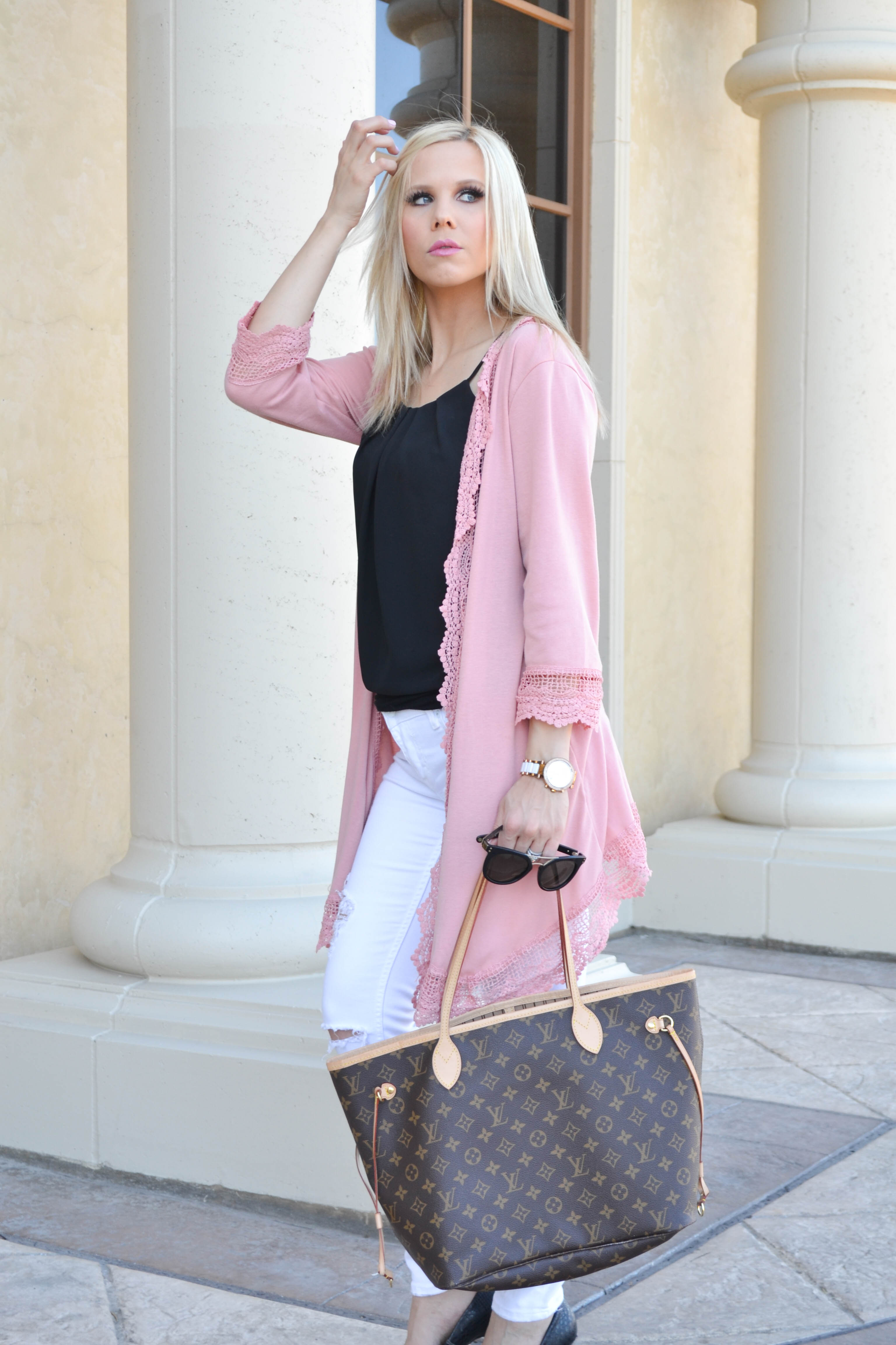 blogger style, glamlifeliving, pink lace cardigan, weekend style