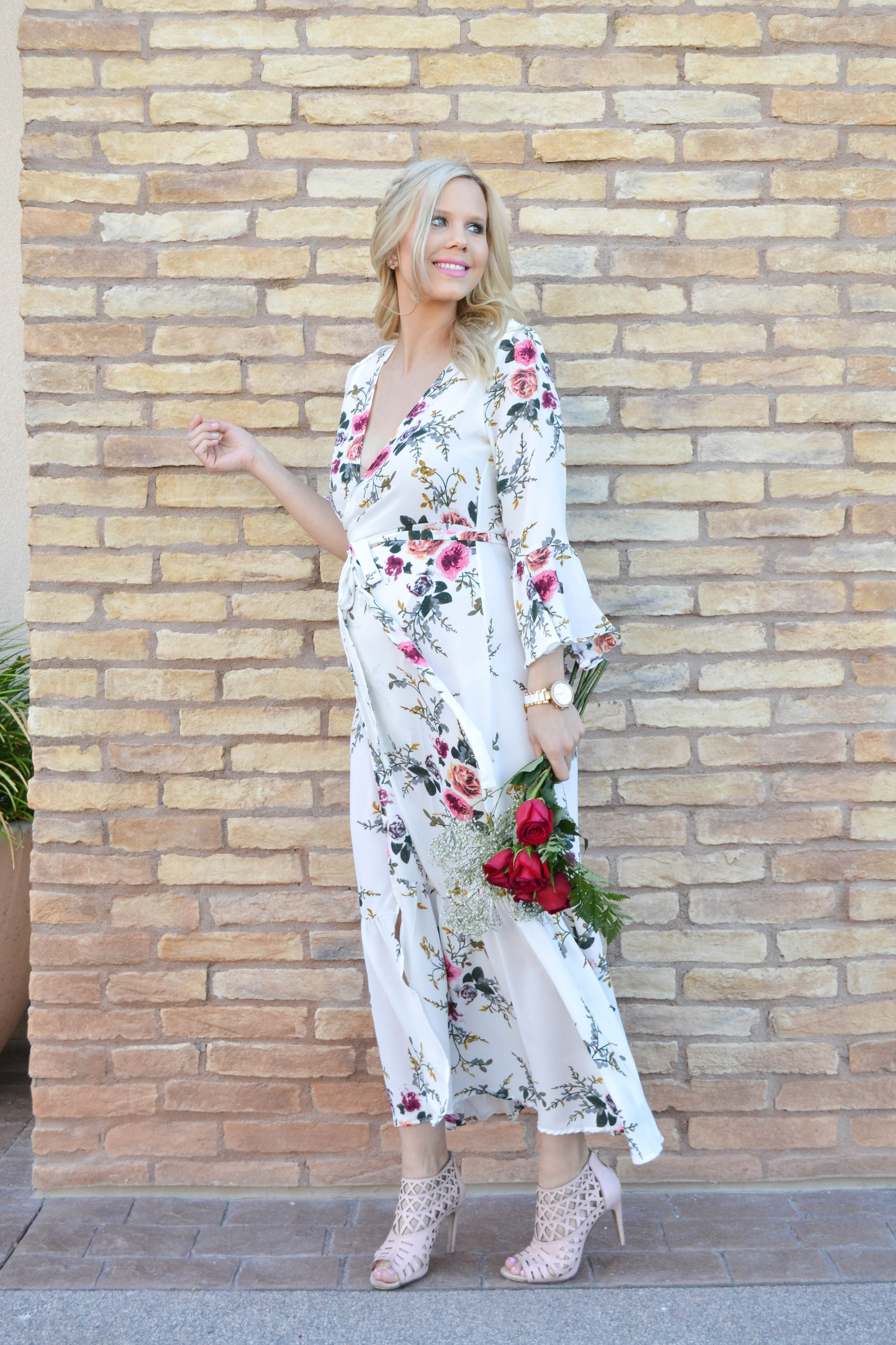 floral bell sleeve wrap dress, baby bump style, maternity, dress the bump 