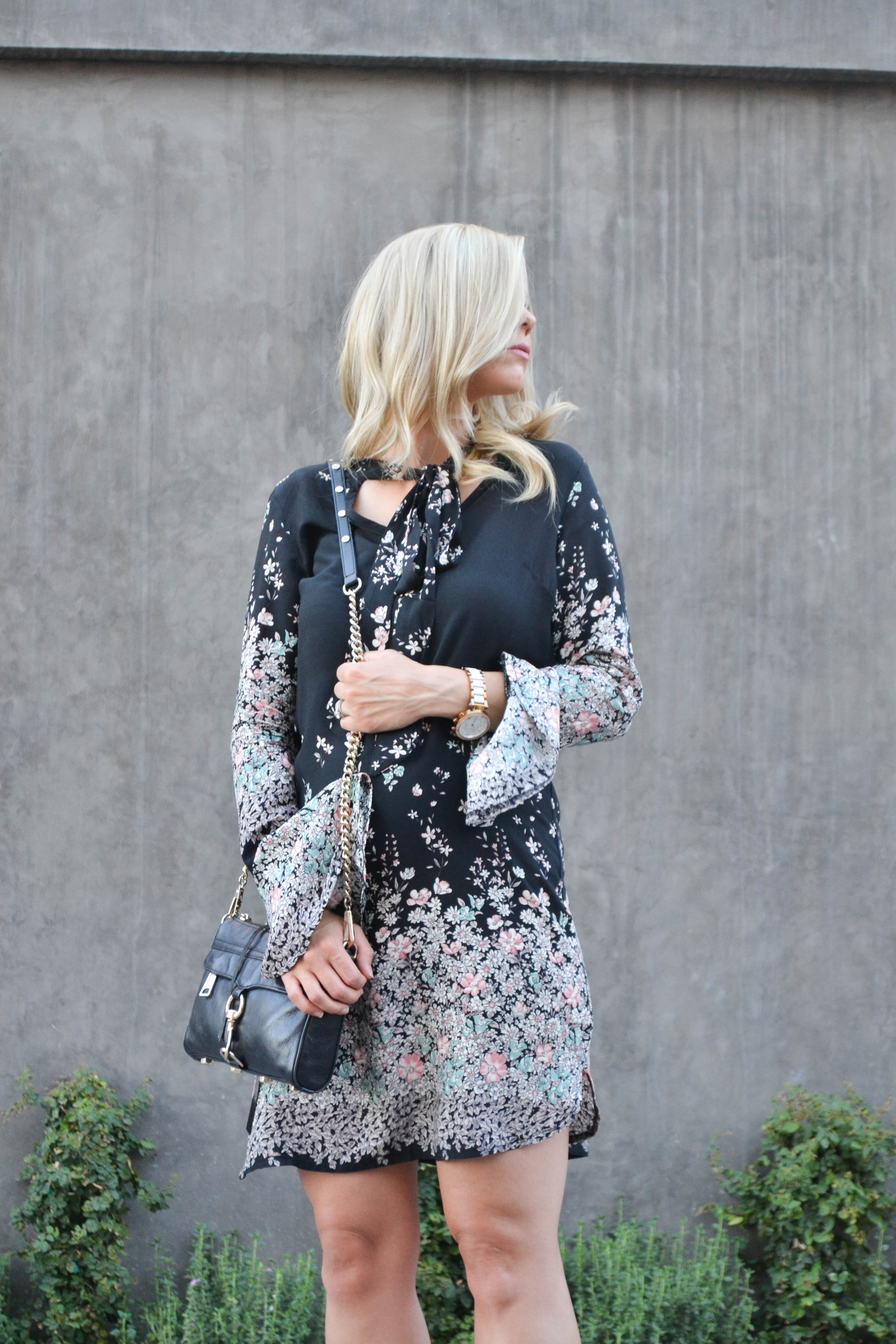 black bell sleeve floral dress, cutest black floral dress, fashion blogger, glam life living