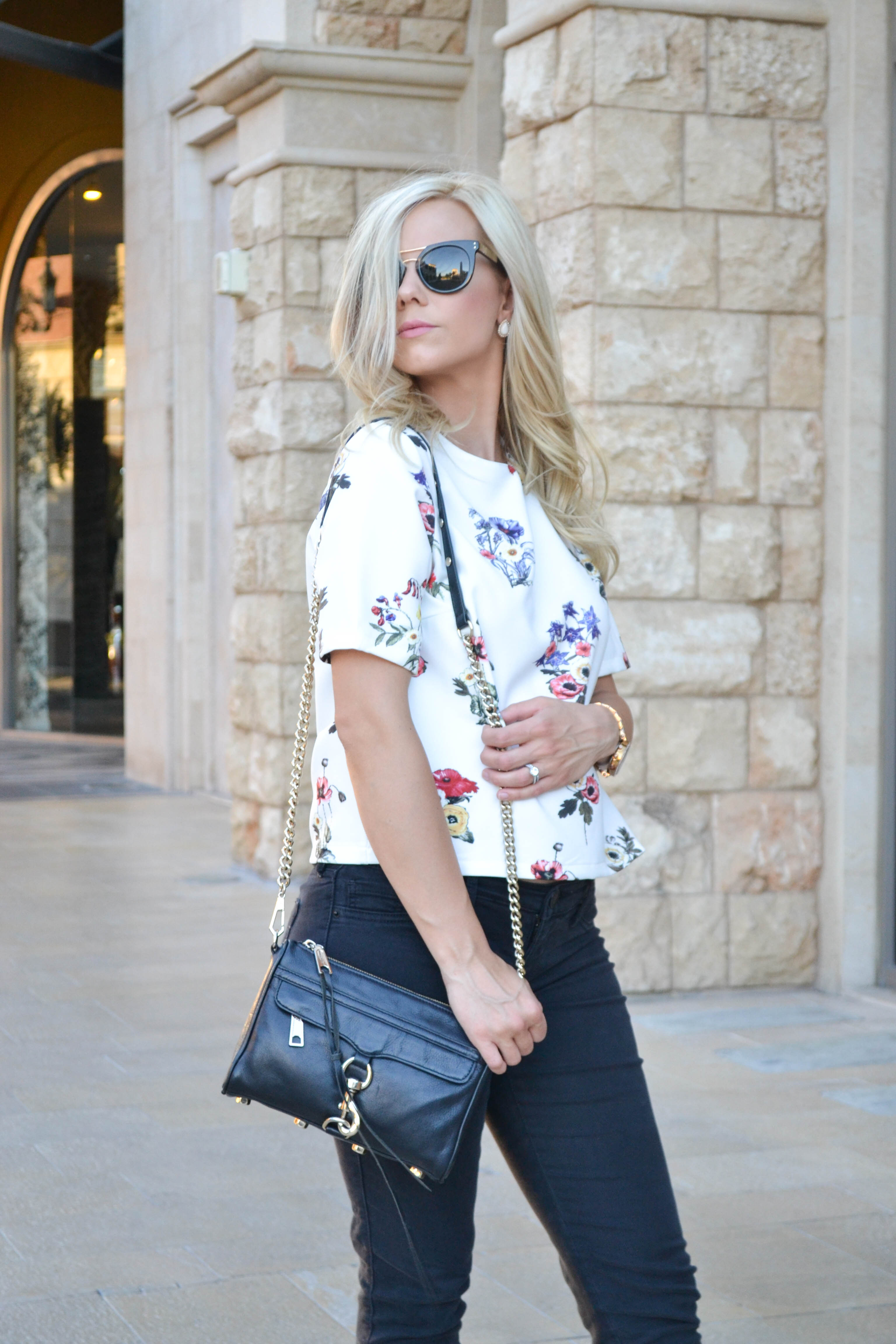 white floral top, black jeans, Rebecca Minkoff crossbody, fashion blogger style