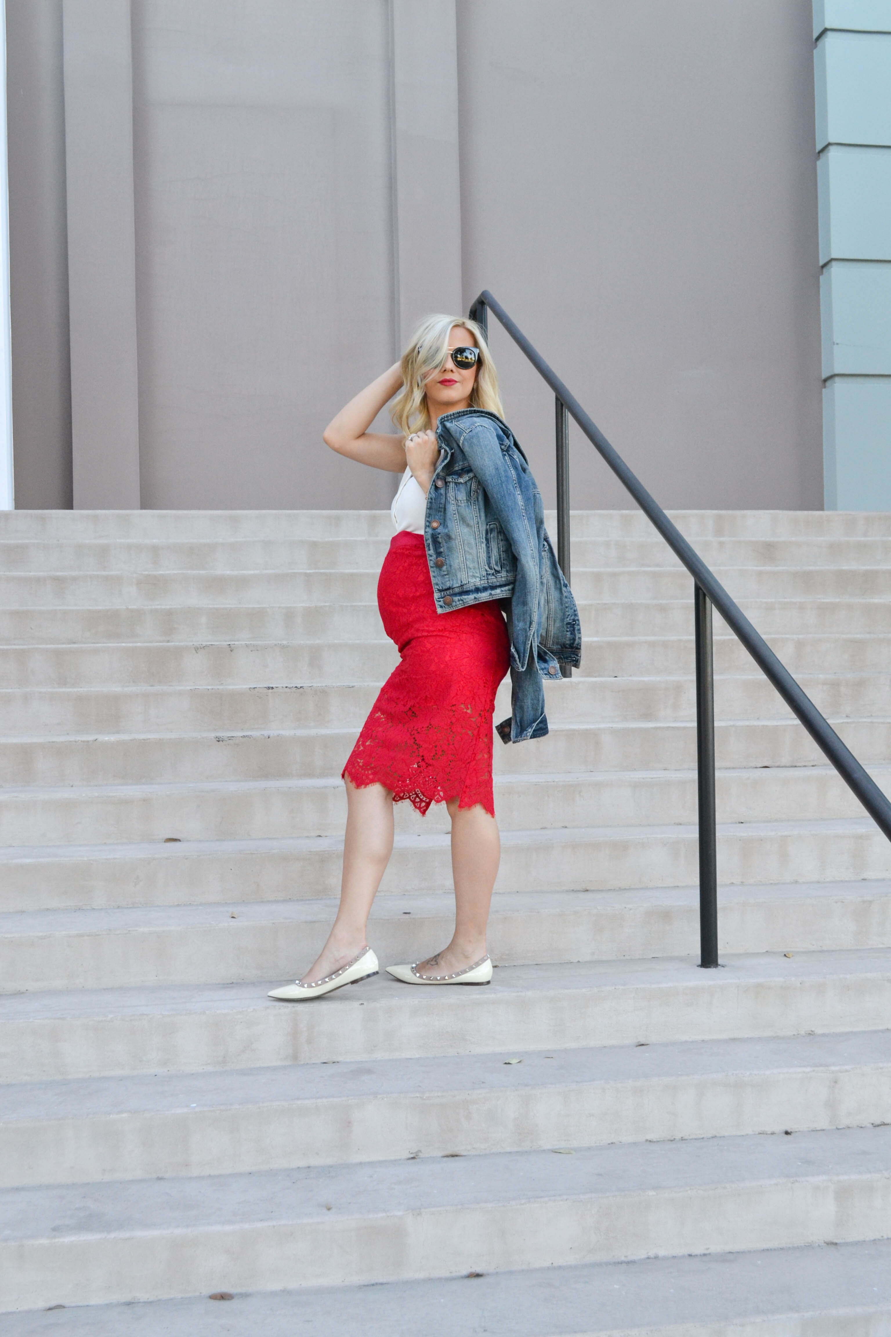 maternity style, baby bump, pregnancy, pregnancy style, red lace pencil skirt and denim jacket