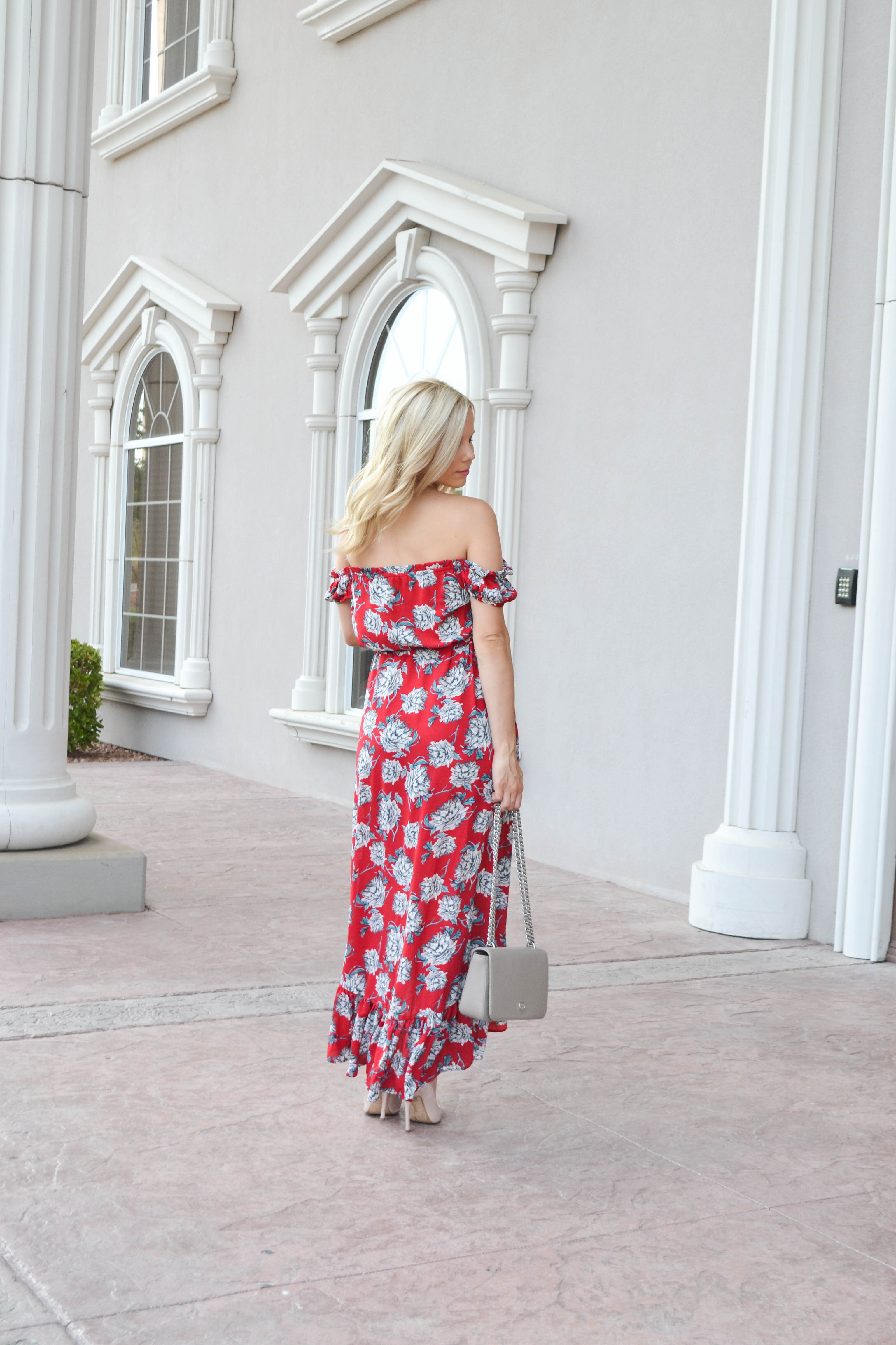 off the shoulder red floral dress, fashion blogger, summer dress